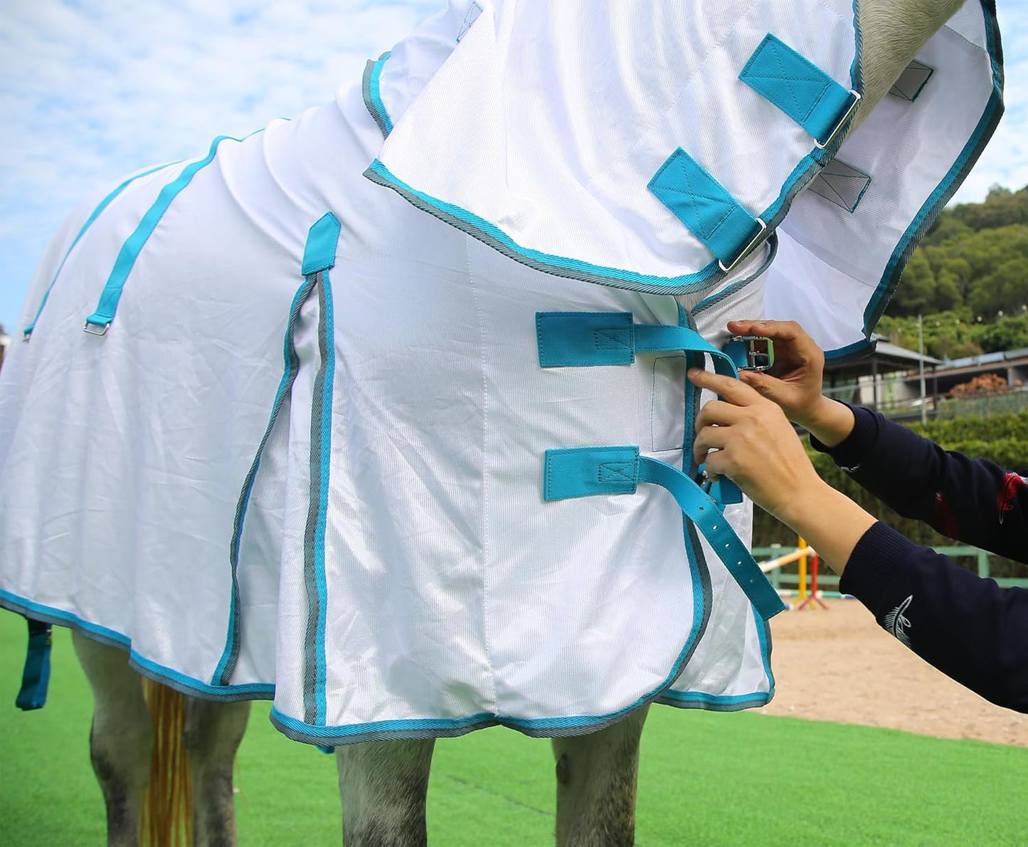 Horse Fly Sheet with Detachable Neck Cover & Belly Wrap, Adjustable Fly Sheet for Horses, Ventilated Airflow Mesh Equine Cooling Summer Flysheet White 84