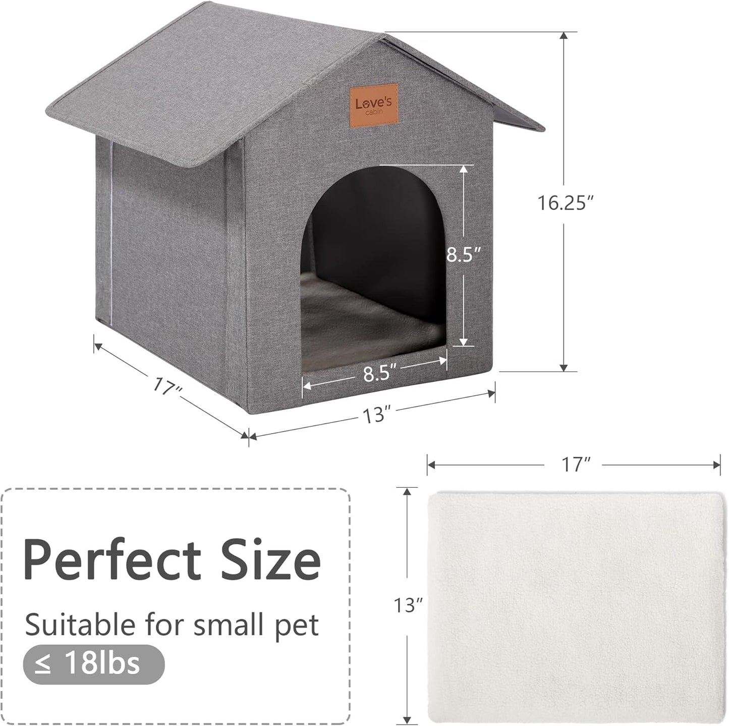 Love's cabin Outdoor Cat House Weatherproof, Insulated Feral Cat House Outdoor for Winter, Waterproof Outside House for Indoor Cats, Shelter with Removable Soft Cushion,Grey