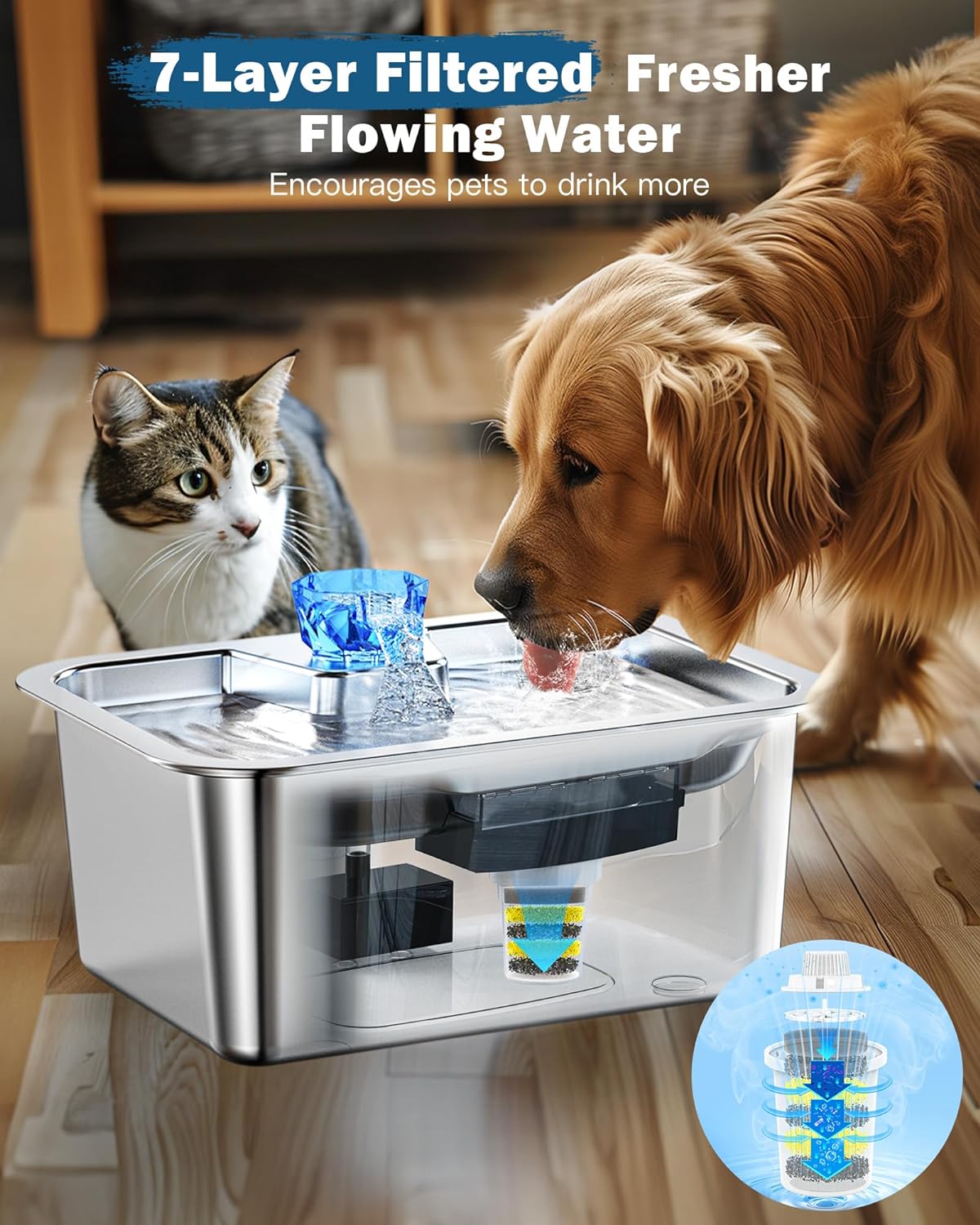 Large Dog Water Fountain Stainless Steel,3 Gallon Extra Big Pet Water Fountain for Large Dogs with 4 Filters,Automatic Dog Water Bowl Dispenser Drinking Fountains,Easy to Clean,Quiet Pump