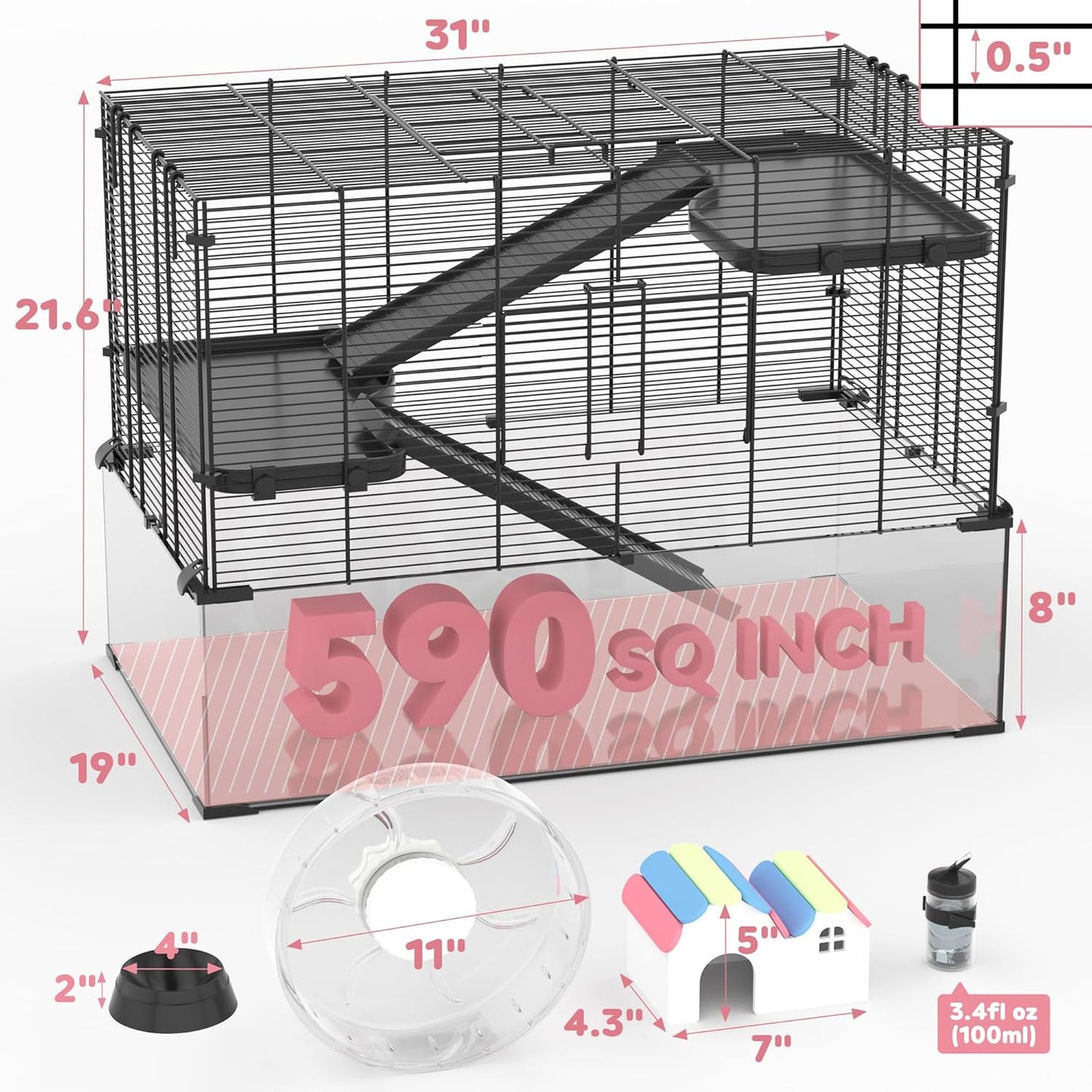 3-Tier Glass Hamster Tank, Large Hamster Cage Habitat with 11inch Big Running Wheel for Rat, Mouse, Gerbil, Syrian Hamster, 590 SQ INCHES