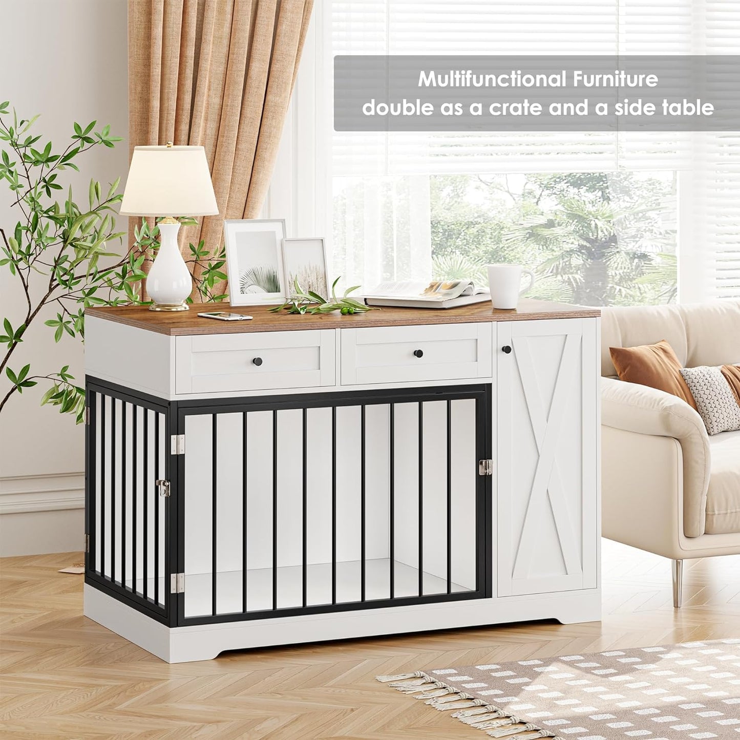 Dog Crate Furniture Kennel with Double Doors Wooden Pet House with 2 Drawers and Storage Cabinet, Indoor Dog Cage Farmhouse Modern Side End Table for Small Medium Dogs, White