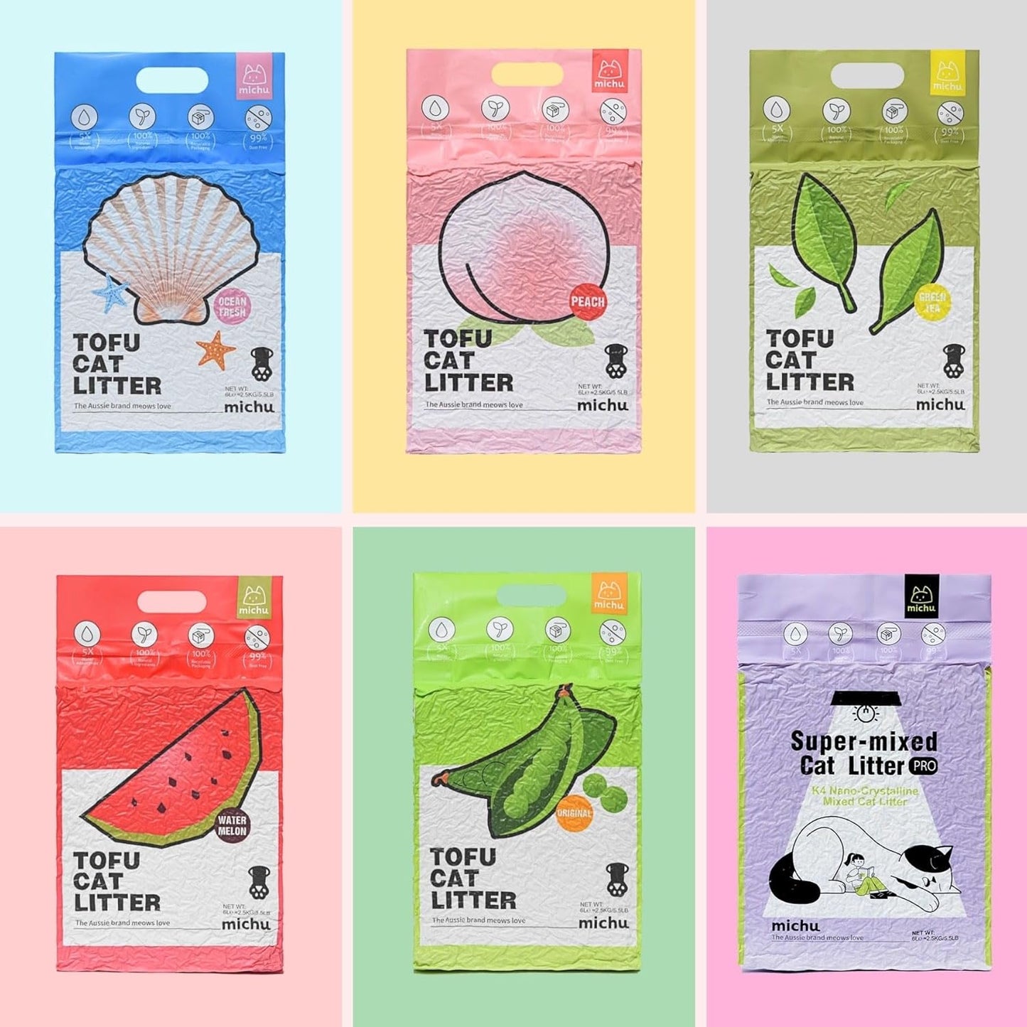 Tofu Cat Litter Natural Clumping Tofu Cat Litter, Fast Clumping and Easily Scoop-able 5.5lb/88oz 5 Scents - Rainbow Combo, 6 Pack