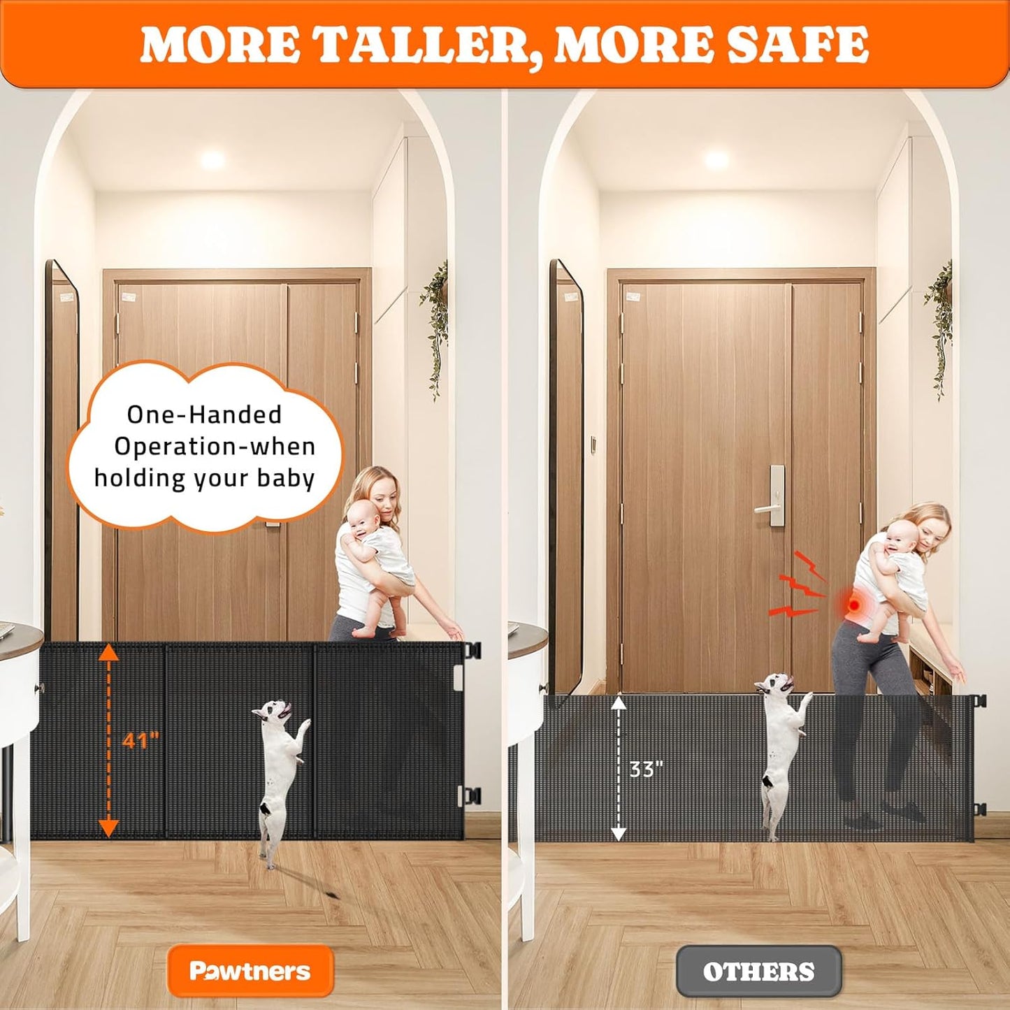 Pawtners Retractable Baby Gates Extra Wide, 41" Tall Extends up to 71" Wide, Dog Gate Indoor for Stairs, Pet Gate with Support Rods for Doorways Hallways Indoor & Outdoor-Black