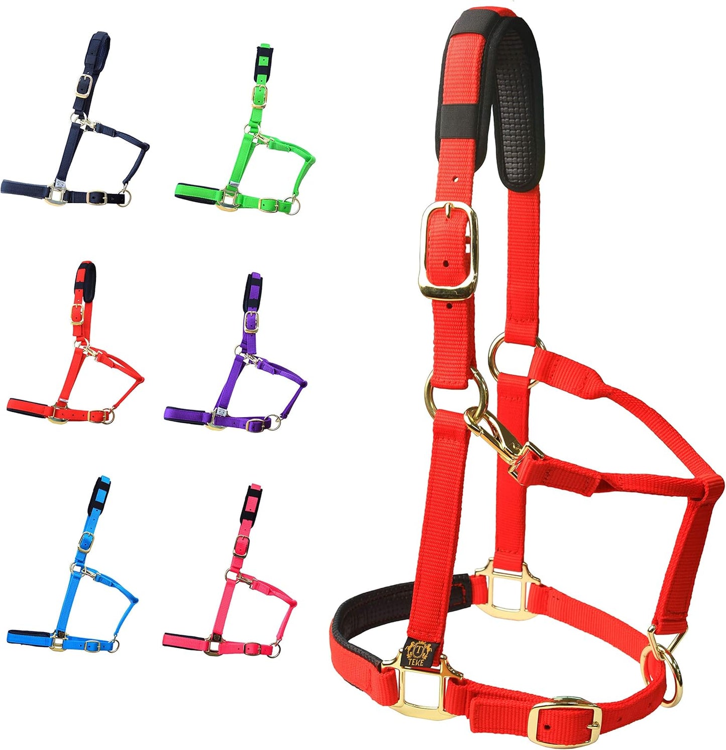 T TEKE Adjustable Horse Halters by Heavy Duty Soft Nylon, Padded with Anti-rubbing Waffle Neoprene on Both Crown & Nose