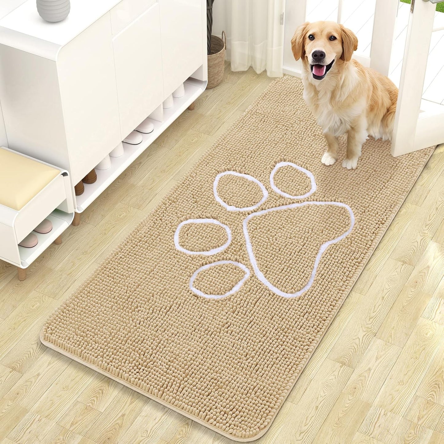 OLANLY Door Mat for Muddy Dog Paws 47x24, Ultra Absorbent Chenille Mud Doormat with Paw Print Design, Non-Slip Washable Doormat for Indoor Entryway, Quick-Dry Pet Bed Mats for Dirty Dogs, Beige