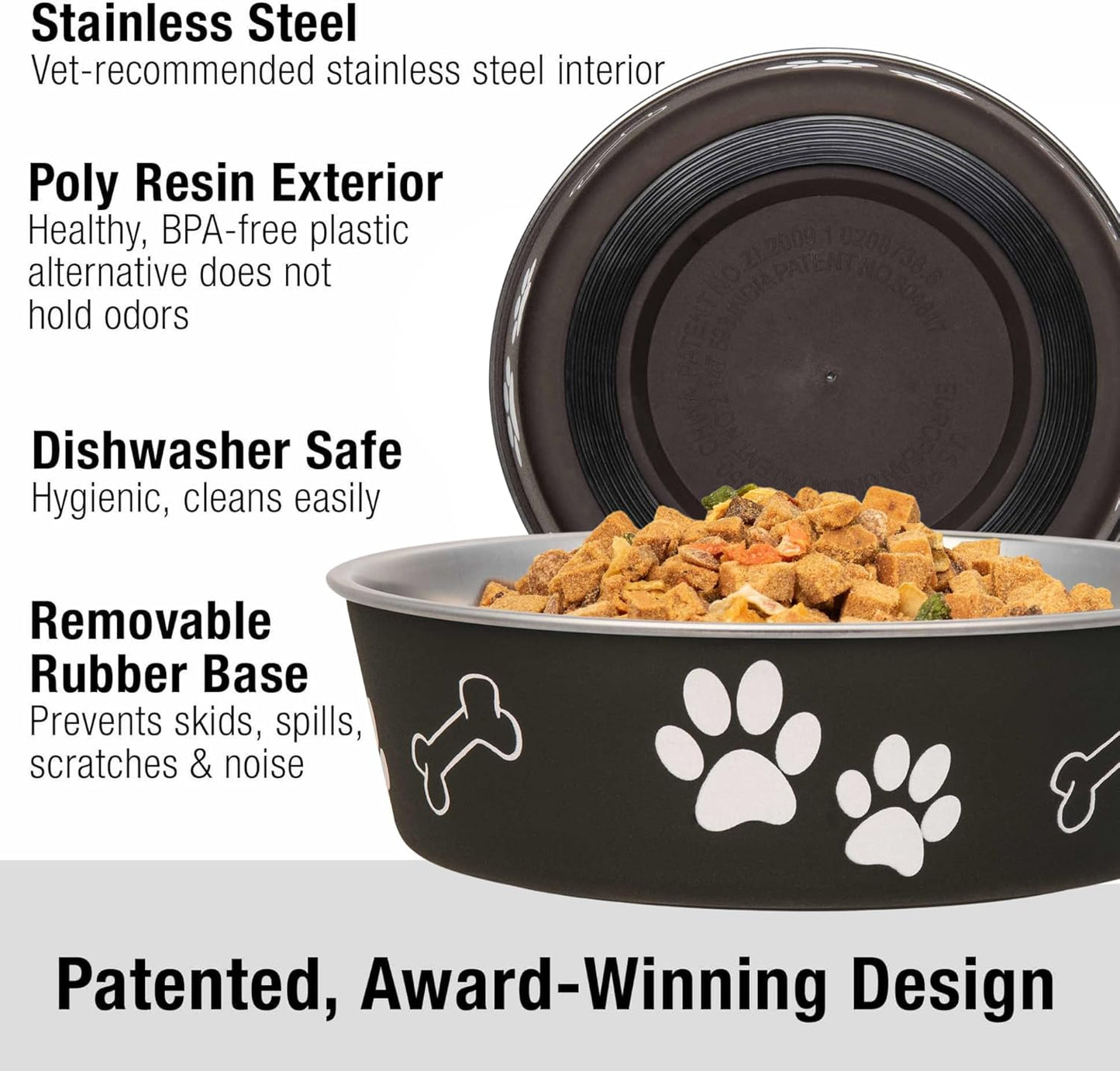 Loving Pets Bella Dog Bowls- Stainless Steel Dog & Cat Bowls - Spill Proof Dog Food Bowl, Cat Bowl, Puppy Essentials & Pet Supplies Great for Home & Travel (Large 35-65 lbs, Espresso)