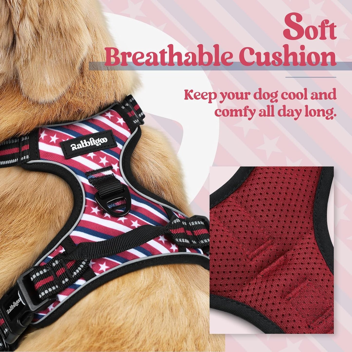 rabbitgoo Dog Harness No Pull with 2 Leash Clips, Adjustable Soft Padded, Reflective Oxford No Choke Pet Vest with Easy Control Handle for Large Dogs, Red Stripe, XL