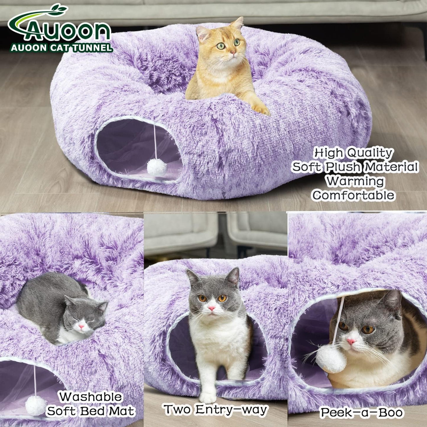 AUOON Cat Tunnel Bed for Indoor Cats - Circle Peekaboo Cat Cave with Washable Mat for Indoor Cats Kitten Kitty Puppy Rabbit Ferret (Purple)