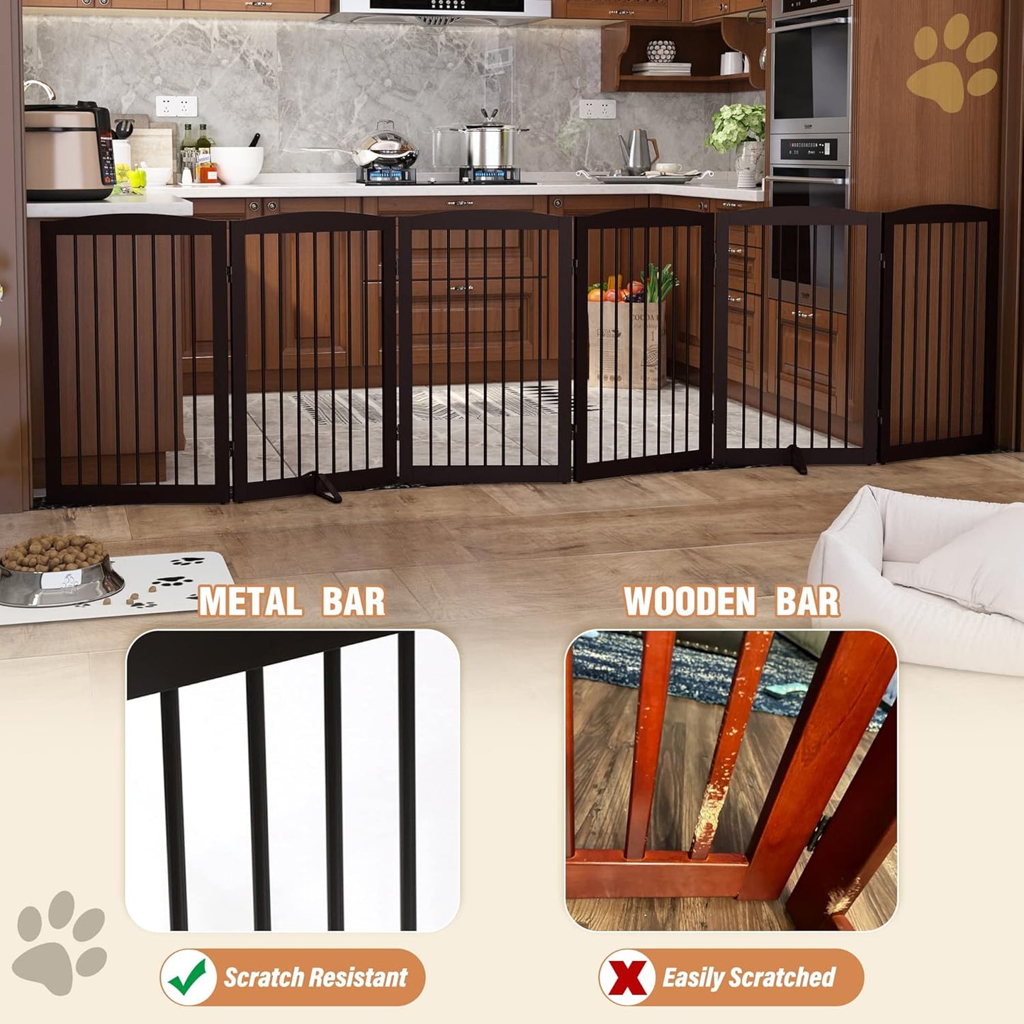 Freestanding Pet Gate for Dogs, Indoor Wooden Foldable Dog Gate for House, Extra Wide, Pet Fence for Stairs, Doorways, Halls, Support Feet Included, 120 Inch Wide, 6 Panels 32",Brown