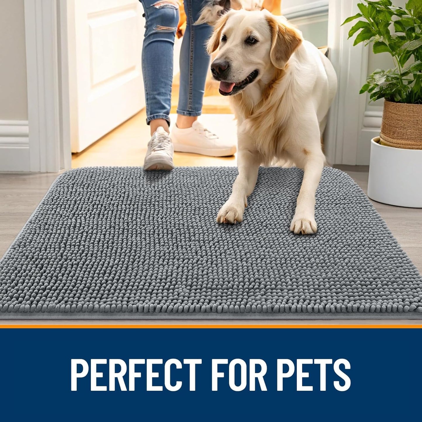 OLANLY Dog Door Mat for Muddy Paws 44x32, Absorbs Moisture and Dirt, Absorbent Non-Slip Washable Doormat, Quick Dry Chenille Mud Mat for Dogs, Entry Indoor Entryway Carpet for Inside Floor, Grey