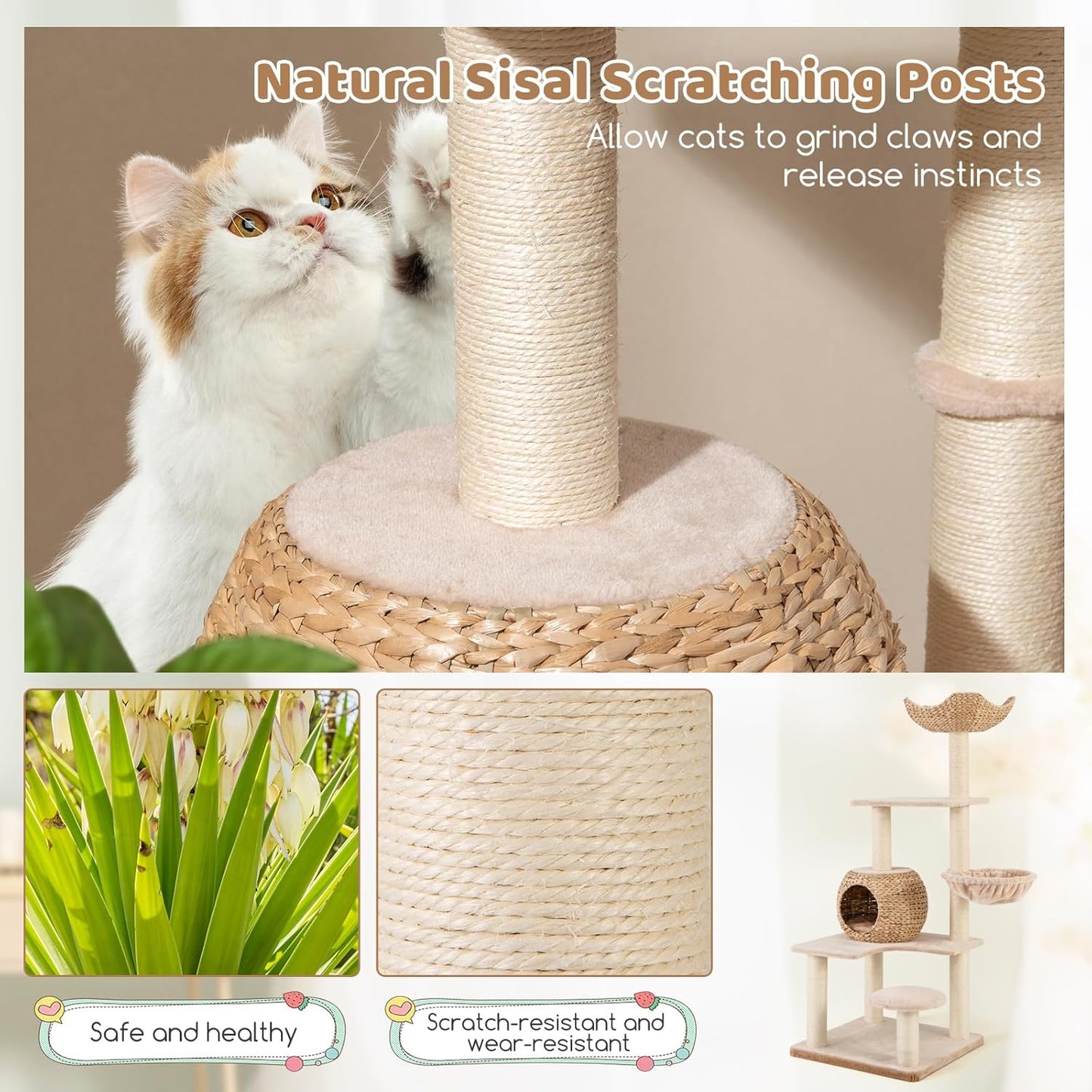 PETSITE 59 inch Cattail Cat Tree Tower, Multi-Level Cat Tower with Natural Sisal Scratching Posts, Condo, Basket, Top Perch and Jumping Platforms, Modern Tall Cat Tree for Indoor Cats