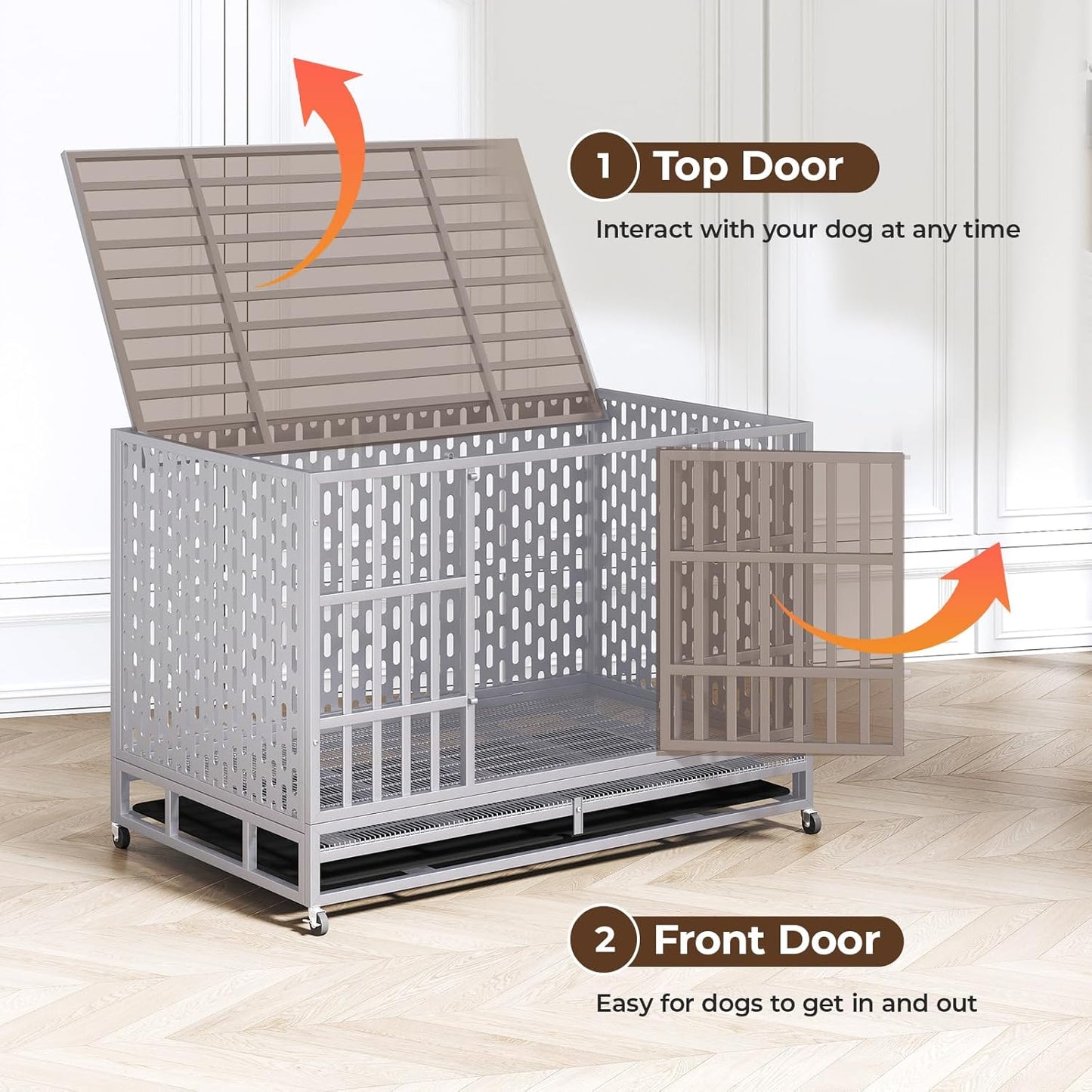48 Inch Heavy Duty Indestructible Dog Crate Steel Escape Proof, Indoor Double Door High Anxiety Cage, Kennel with Wheels, Removable Tray,Silver,Extra Large XL XXL