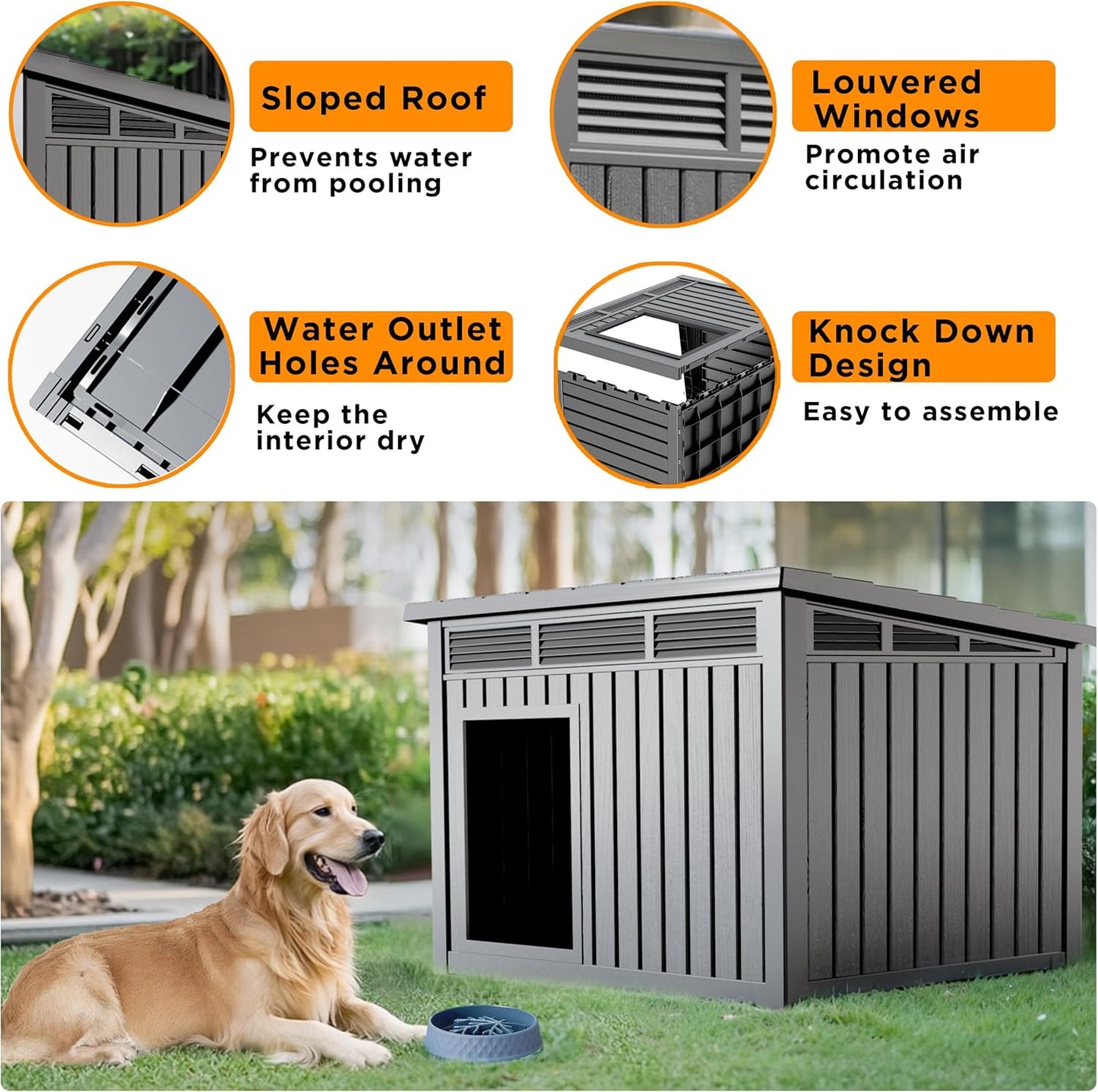 VIXZEN Dog House Indoor Outdoor,Waterproof Dog House for Small to Large Dogs,Doghouse with Air Vents and Elevated Floor,Openable at The Top,Easy to Assemble and Clean,Gray,42.87"×32.95"×31.61"