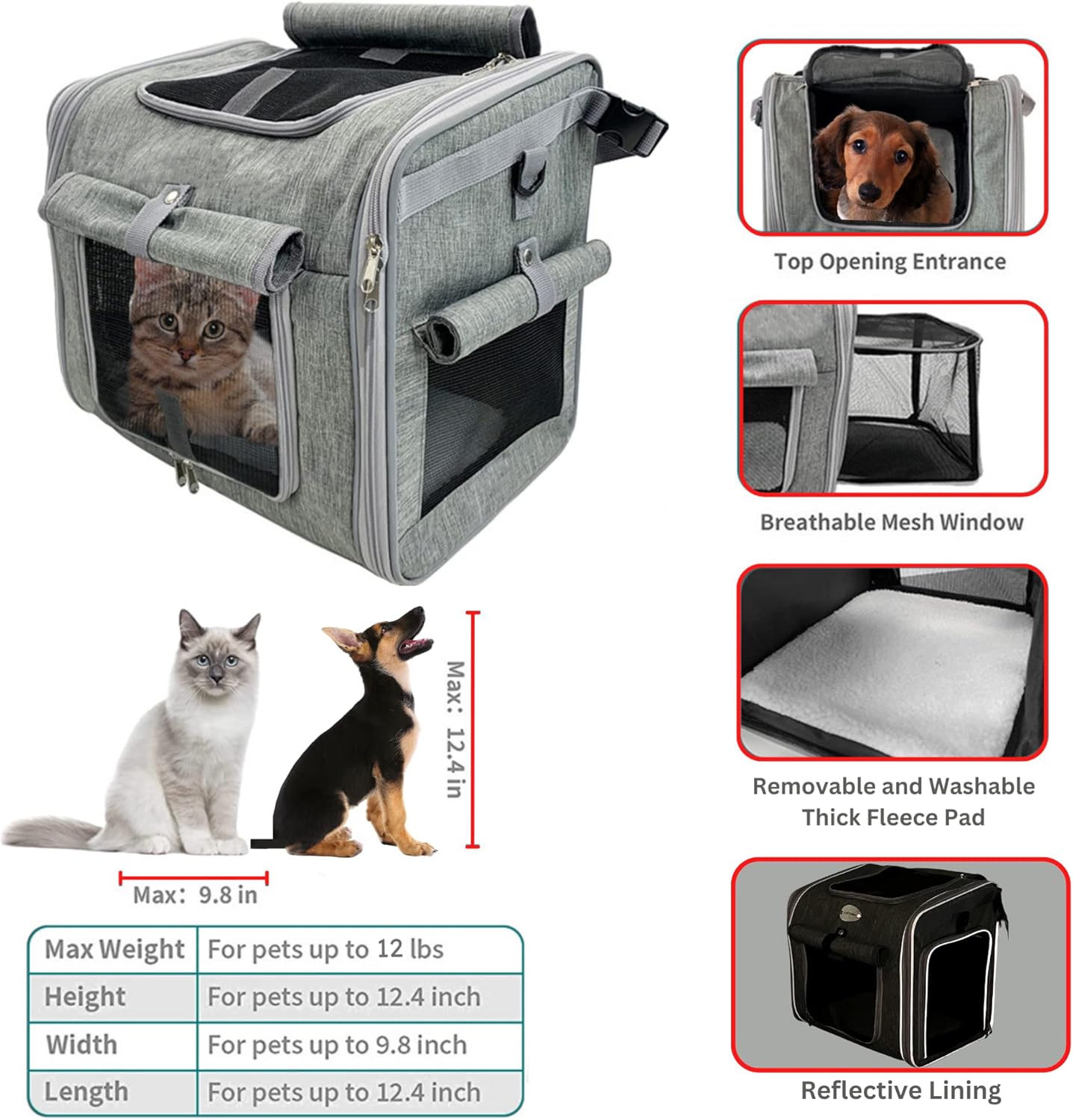 Dog Bike Basket, Expandable Soft-Sided Reflective Pet Carrier Backpack with 4 Open Doors, 4 Mesh Windows for Medium Small Dog Cat Puppies (Grey)