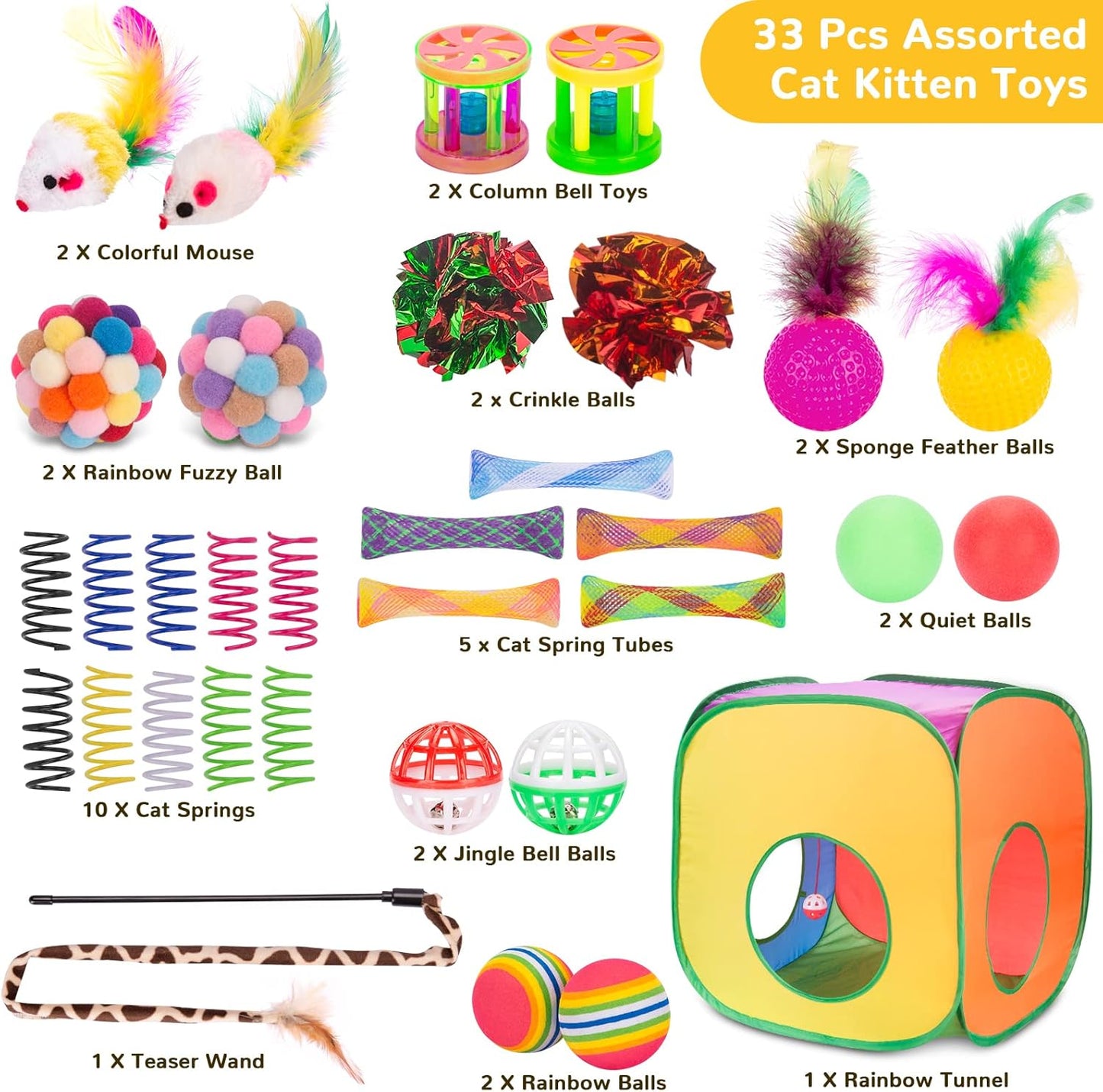 Retro Shaw 33Pcs Cat Toys for Large Cats, Interactive Kitten Toys for Indoor Cats Kitty with Collapsible Game Tunnel Tube Tent Feather Wand Teaser Bell Fuzzy Ball Springs Mouse Toys