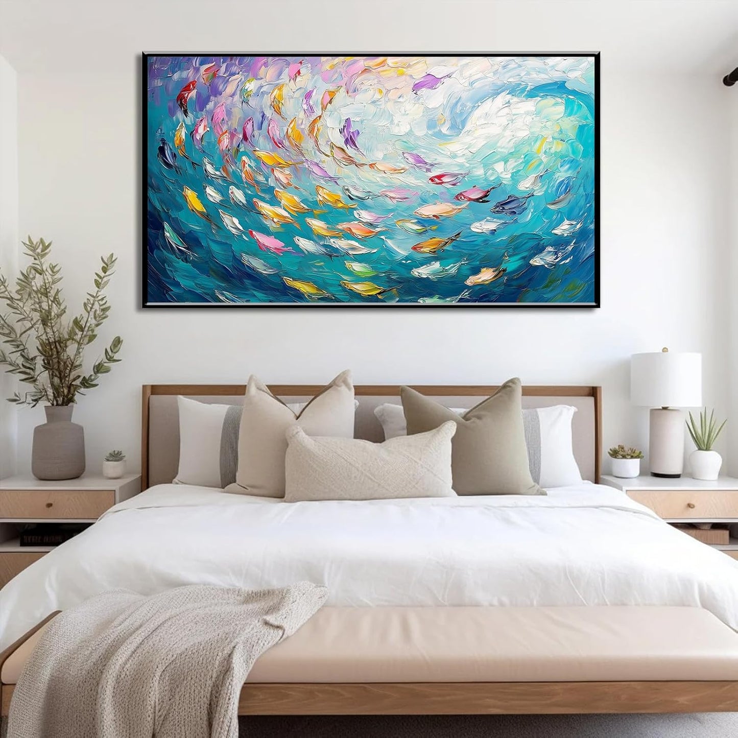 Fish Canvas Wall Art, Abstract School of Fish Canvas Wall Art, School of Fish Painting Canvas, School of Fish Wall Art, Fish Wall Decor, Fish Pictures Wall Decor, Bedroom Canvas Wall Decor (Black Framed, 23"x13" | 60x35cm)