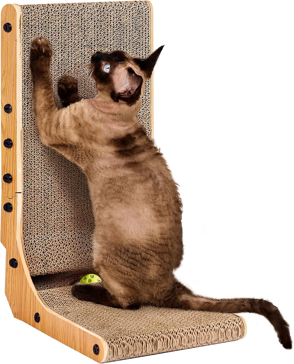 EHEYCIGA Cardboard Cat Scratcher for Indoor Kitten Cats, 19 Inch L Shaped Vertical Cat Scratching Board with Ball Cat Toy, Small Cat Scratcher Pad, Brown
