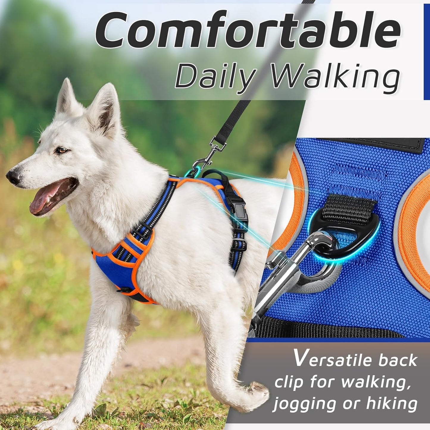 Eagloo Dog Harness for Large Dogs, No Pull Service Vest with Reflective Strips and Control Handle, Adjustable and Comfortable for Walking, No Choke Pet Harness with 2 Metal Rings, Blue & Orange, XL