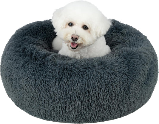Best Pet Supplies Round Donut Dog Bed with Plush Faux Fur Fabric, Calming, Anti-Anxiety Cushion for Indoor Pets, Slip-Resistant Base, Soft Ergonomic Support - Gray, 27x27x7.5''