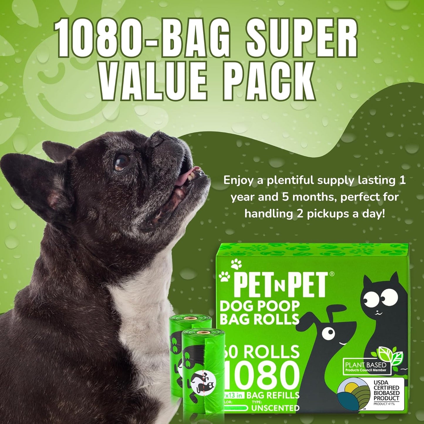 Pet N Pet 1080 Counts Green Poop Bags for Dogs, 41% Plant Based & 59% PE Extra Thick Dog Poop Bags Rolls, 9" x 13", Unscented Pet Waste Bag