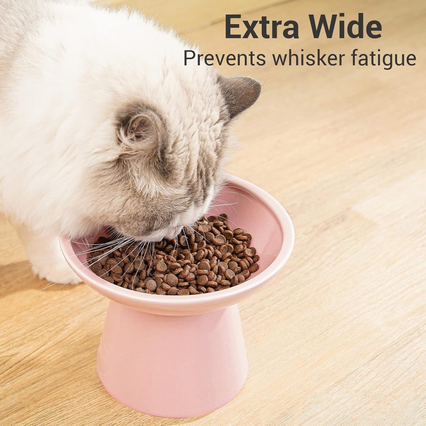 Extra Wide Elevated Ceramic Cat Bowl, 6.2" Shallow Dish for Whisker Fatigue Relief, 5" Height for Easy Feeding, Durable Raised Cat Food Bowls, Pack of 2, Pink