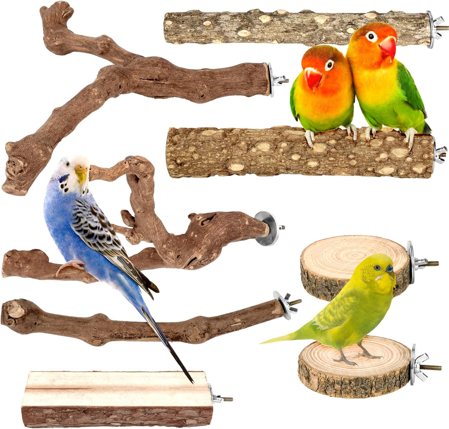 Natural Wood Bird Perches for Cage, Parrot Perch Stand & Platform, Bird Cage Accessories for Parakeets, Cockatiels, Conures, Lovebirds (Brown, Natural Grapewood Variety Set - 8PCS)