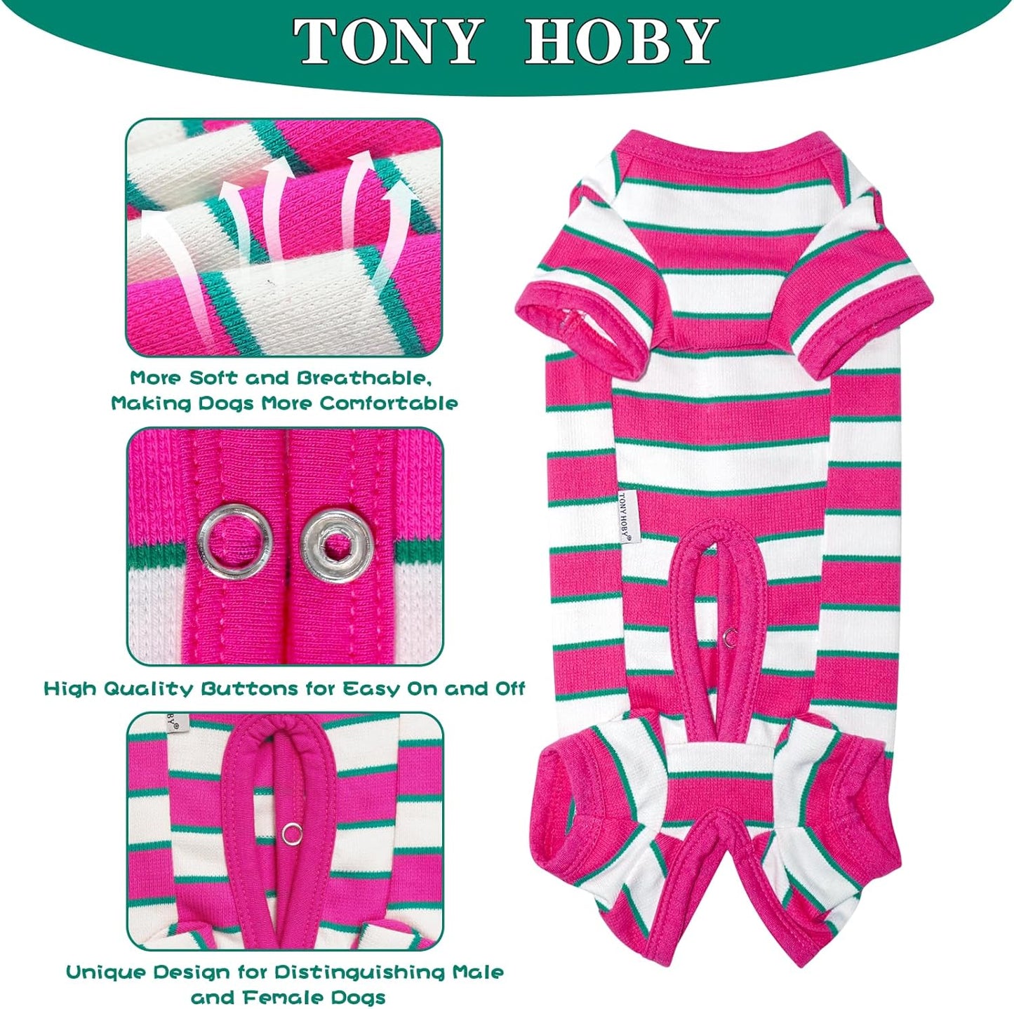 TONY HOBY Male Dog Pajamas, Dog Jumpsuit with Rose Red Stripe, Colorful Dogs Shirt for Small Medium Dogs (Rose Red&White, Boy, S)