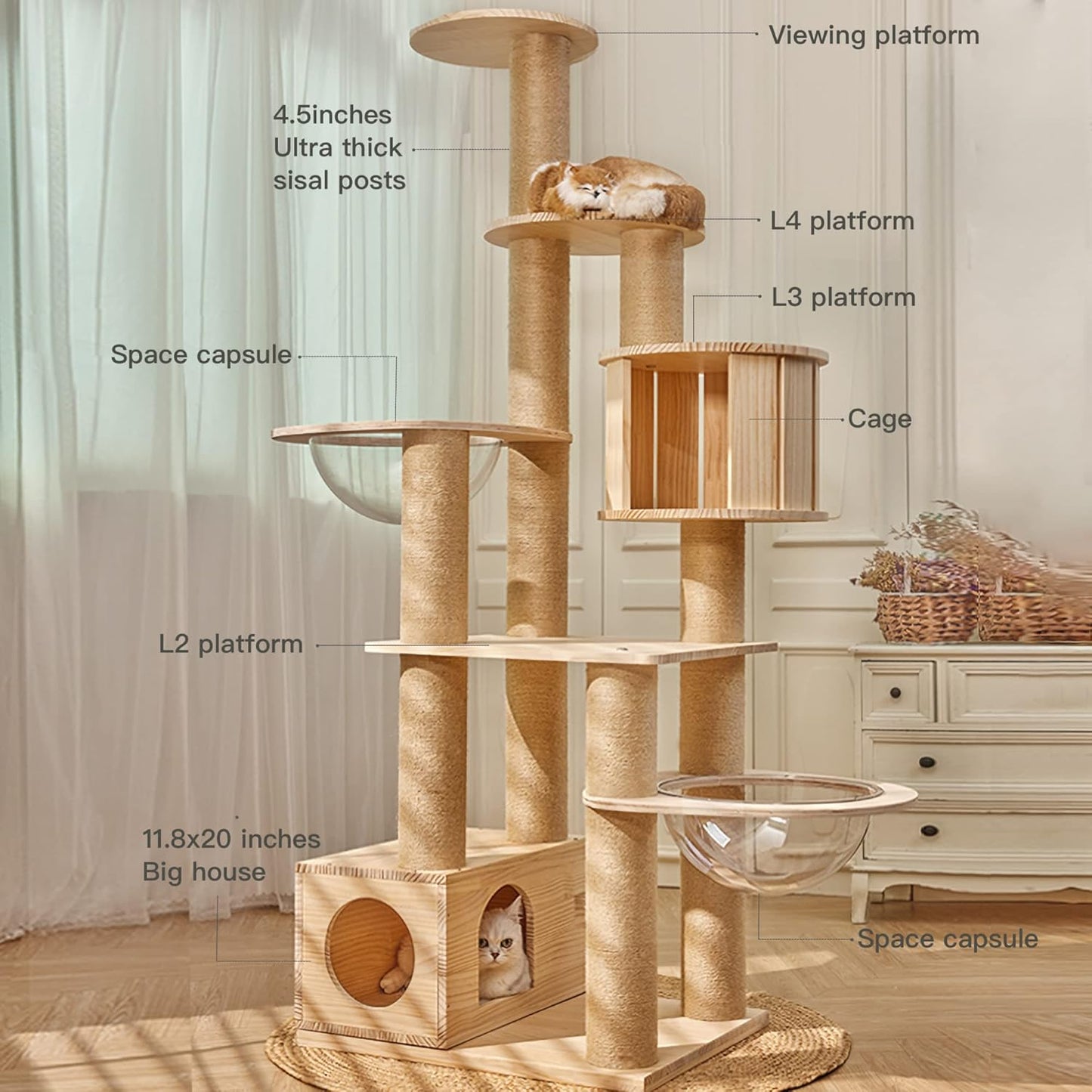 Modern Multi-Level Large Real Solid Wood Cat Tree, Luxury Wooden Cat Tower Cat Condo with Multi-Layer Platform for Indoor Cats