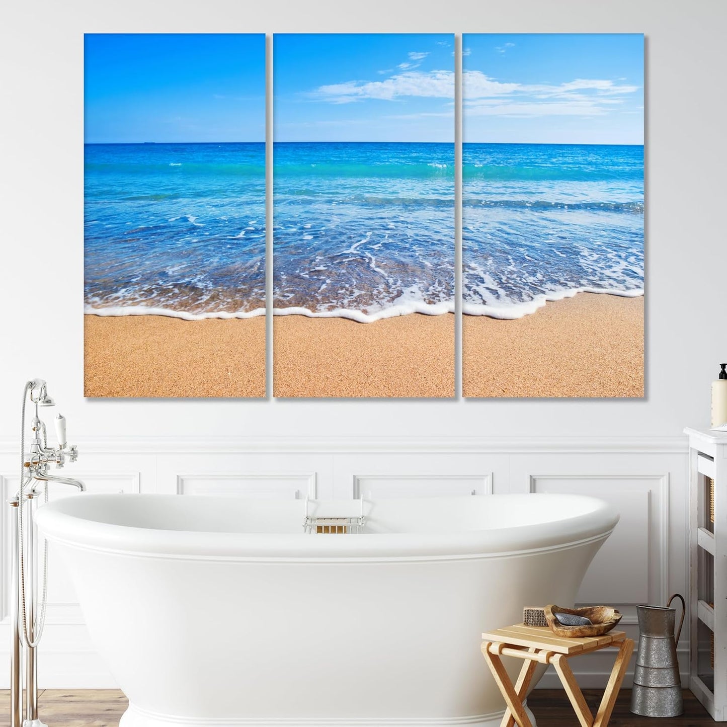 Nature Wall Art Prints - Ocean Forest Mountain Lake Canvas Landscapes - Small to Extra Large Living Room Bedroom Kitchen Bathroom Décor (Sandy Ocean Beach, 39L" x 59W" - 3 Panels)