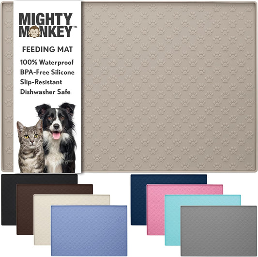 MIGHTY MONKEY 100% Waterproof Dog Food Mat, Raised Edges Silicone Pet Feeding Placemat for Cat, Dogs, Pet Bowls, High Lipped Tray Prevents Water Spills, Food on Floor, Dishwasher Safe, 24x16, Beige