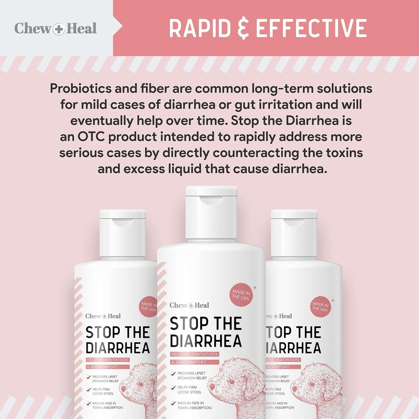 Chew + Heal Labs Anti Diarrhea for Dogs 2oz - Fast Relief Liquid Dog Diarrhea Supplement with Kaolin Pectin Formula - Effective Diarrhea Treatment and Dog Health Upset Stomach Supplement