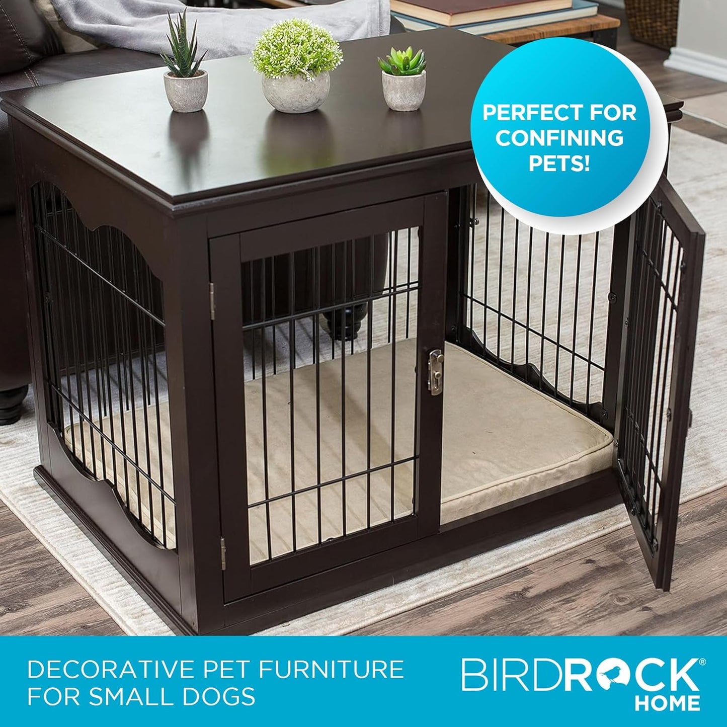 INTERNET'S BEST Decorative Dog Kennel with Pet Bed, Small Pet House, Double Door Indoor Crate, Engineered Wood & Wire Furniture, Side Table & Nightstand, Fits Small Dogs - Espresso