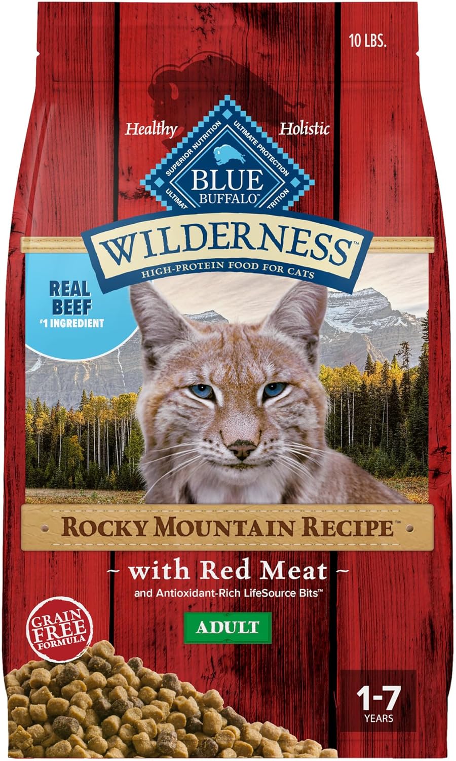 Blue Buffalo Wilderness Adult Dry Cat Food, Rocky Mountain Recipe, Chicken-Free & Grain-Free Recipe Made with Natural Ingredients, Red Meat, 10-lb Bag