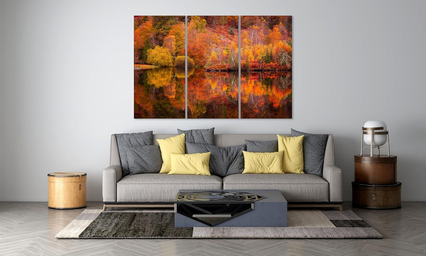 Nature Wall Art Prints - Ocean Forest Mountain Lake Canvas Landscapes - Small to Extra Large Living Room Bedroom Kitchen Bathroom Décor (Autumn Forest with Lake, 55L" x 83W"- 3 Panels)