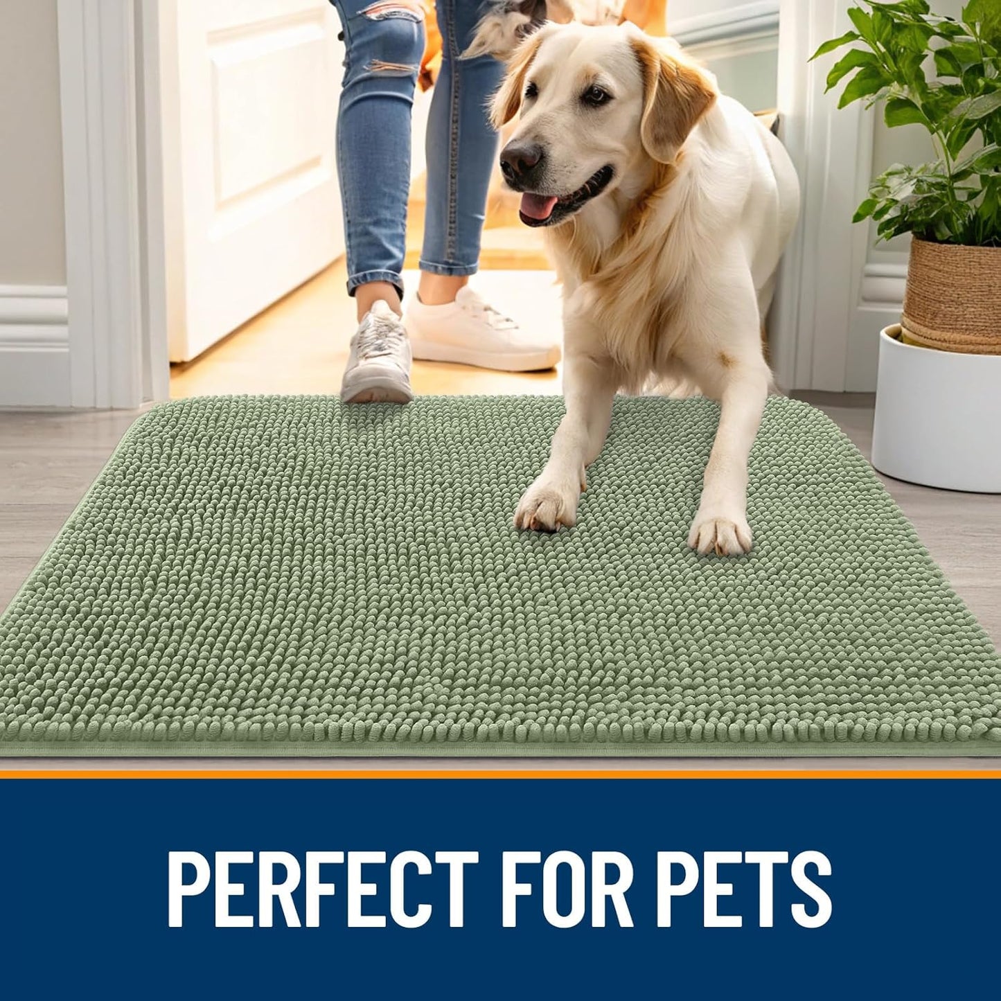 OLANLY Dog Door Mat for Muddy Paws 45x27, Absorbs Moisture and Dirt, Absorbent Non-Slip Washable Doormat, Quick Dry Chenille Mud Mat for Dogs, Entry Indoor Entryway Carpet for Inside Floor, Sage Green