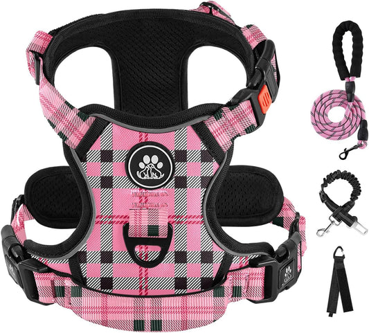 IVY&LANE No Pull Dog Harness with Leash Set, Reflective No Choke Pet Vest,Adjustable Oxford Dog Vest Harness with Easy Control Handle for Small Dogs (Checkered Pink,S)