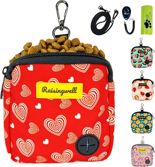 Dog Treat Pouch for Pet Walking and Training with Clicker Poop Bags Small Fanny Zipper Pack Holder for Puppy Snack Dispenser Kit for Leash and Outdoor Use (Valentine)