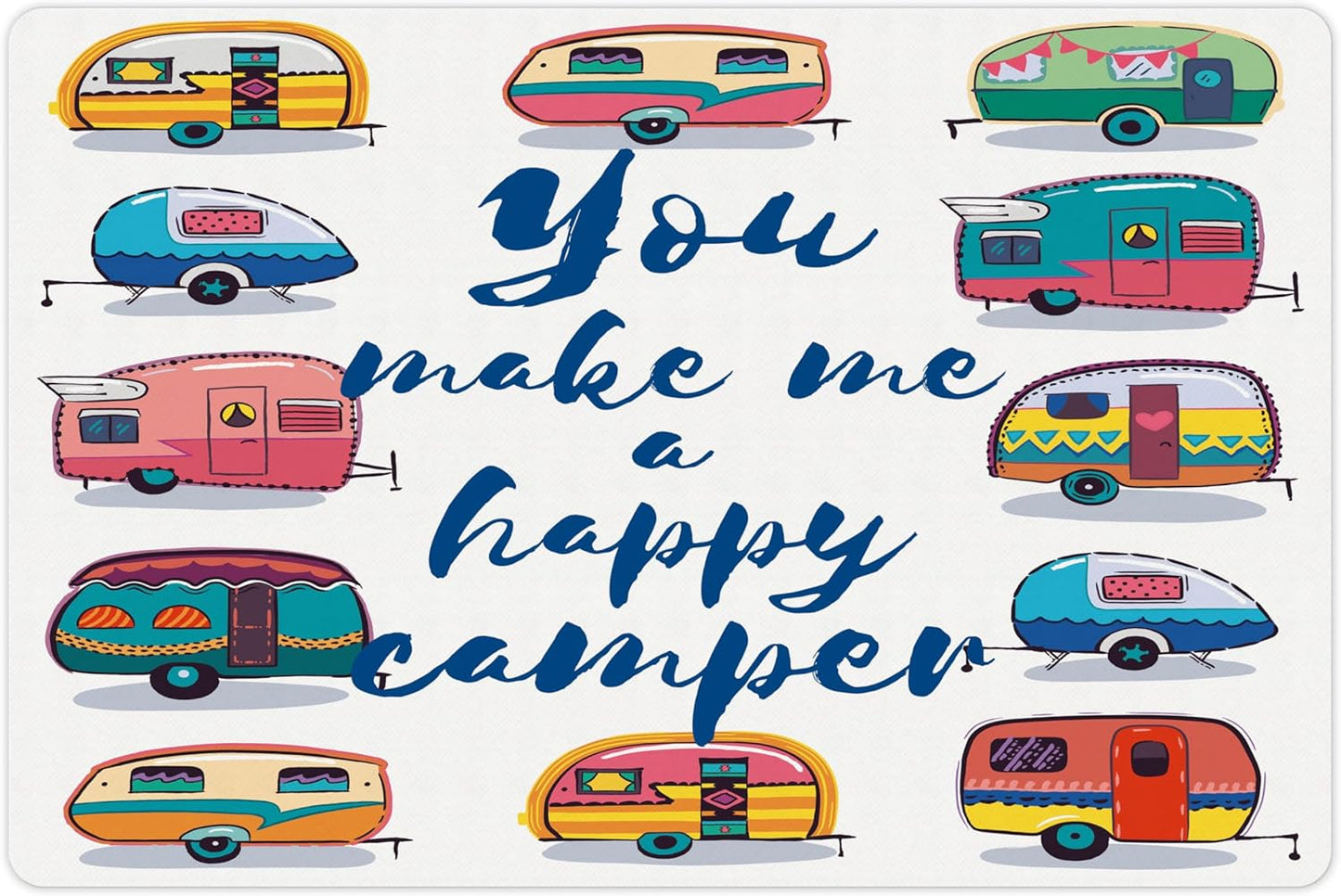 Lunarable Camper Pet Mat for Food and Water, You Make Me Happy Motivational Words Caravans Retro Style Travel Graphic Print, Non-Slip Rubber Mat for Dogs and Cats, 18" X 12", Indigo Yellow