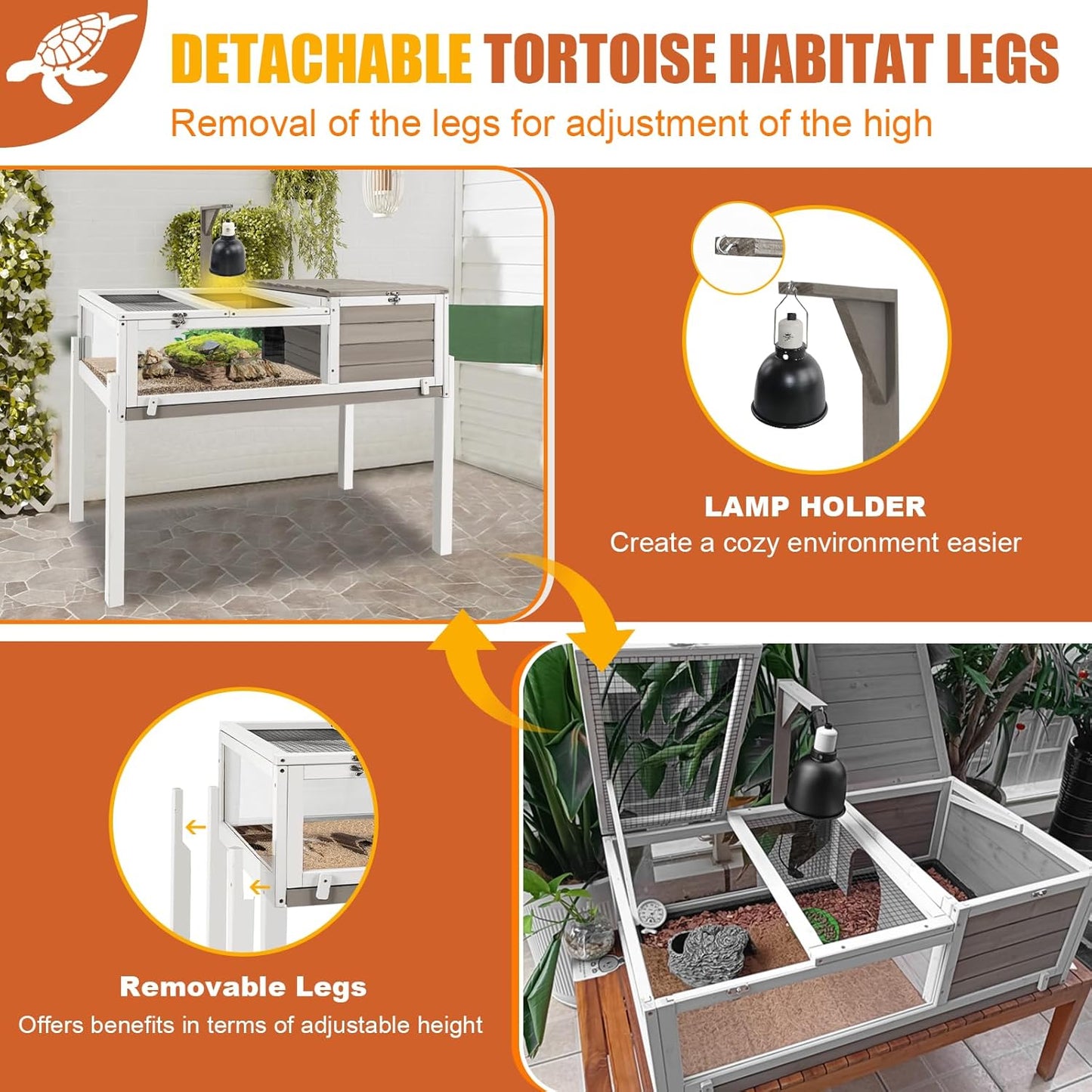 Tortoise Habitat Large Wooden Tortoise Enclosure Habitat with No-Leaking Tray Indoor & Outdoor, Reptile Cage for Small Animals TOR03-Grey