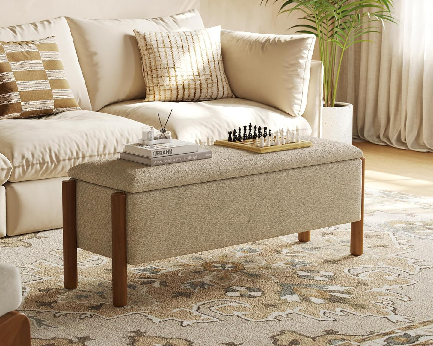 Storage Ottoman Bench, End of Bed Bench for Bedroom, 47" Boucle Upholstered Entryway Shoe Seat Bench, Holds up to 660 lb Storage Ottoman, Padded Blanket Chest Stool Foot Rest for Living Room Beige