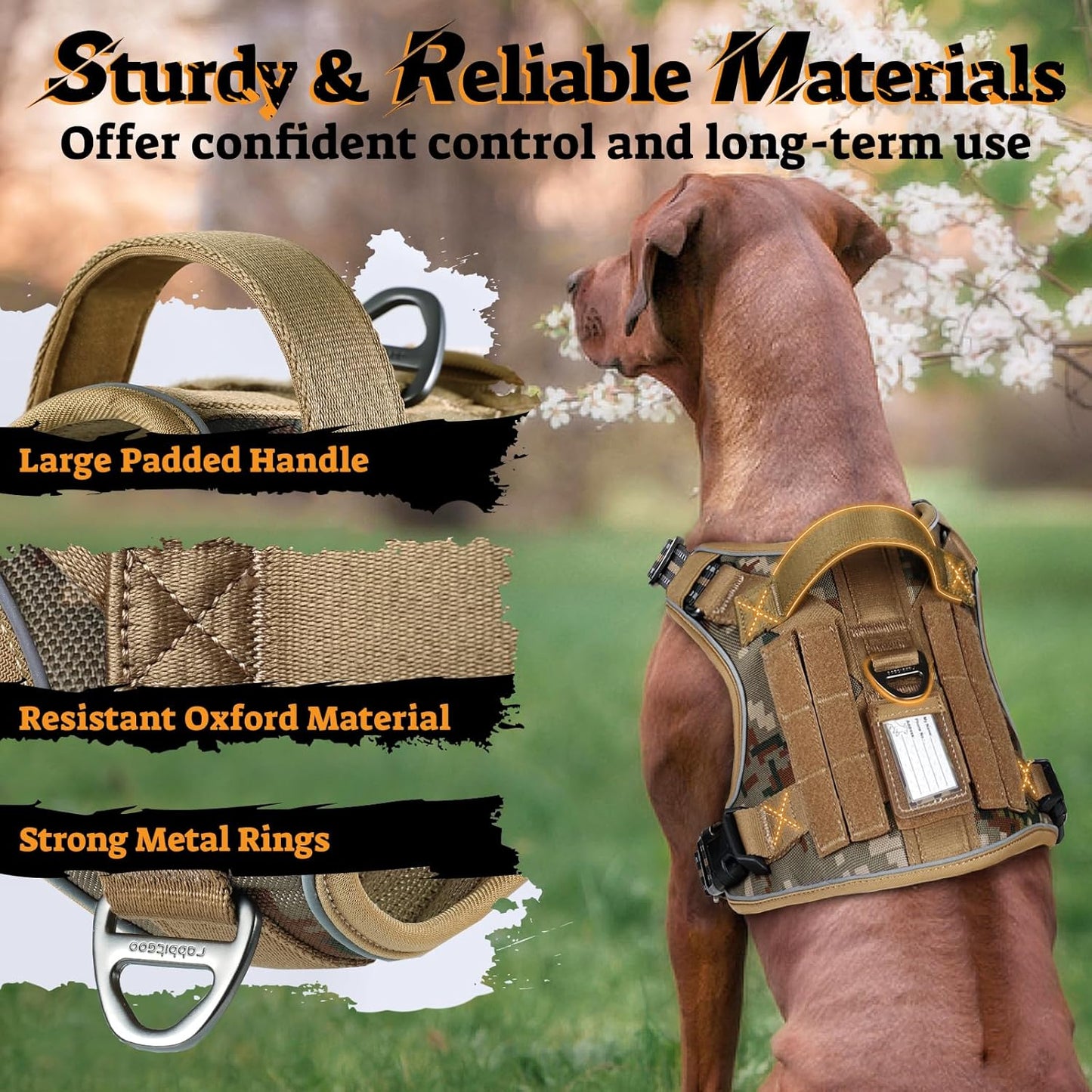 rabbitgoo Dog Harness for Large Dogs No Pull, Tactical Service Pet Vest with Molle and Control Handle, Adjustable and Reflective Military Harness for Easy Walking and Training, Desert camo, L