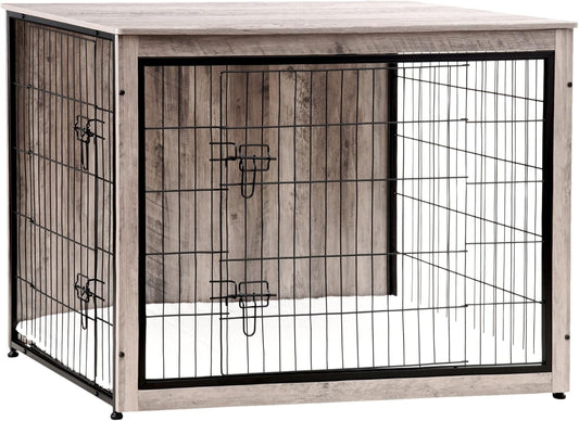 DWANTON Dog Crate Furniture with Cushion, Wooden Kennel Table with Double Doors, Indoor Dog House, Extra Large Size, 43.3" L, Greige