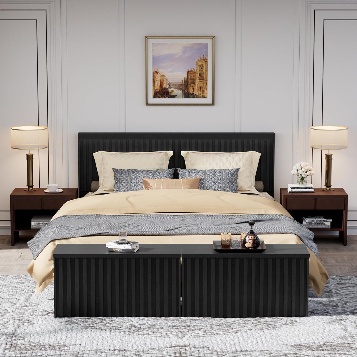 UEV Black Storage Bench Set of 2, 39.4" Fluted Wood Storage Trunk with 2 Safety Hinges, Sturdy Storage Chest, Storage Bench for Bedroom,Entryway, Living Room