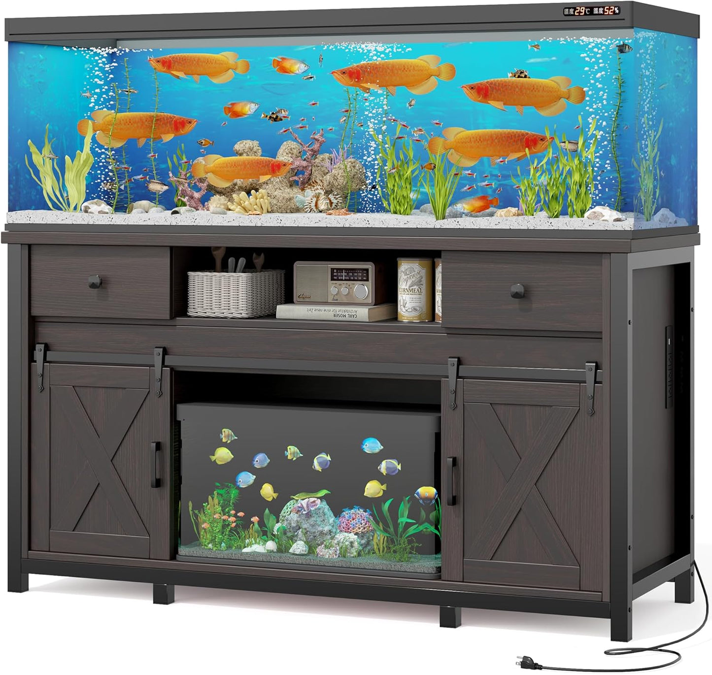Miereirl 75-120 Gallon Fish Tank Stand with Power Outlet – Heavy Duty Aquarium Stand, Rustic Farmhouse Style, 1000 lb Capacity, Adjustable Storage & Sliding Barn Doors, Dark Brown