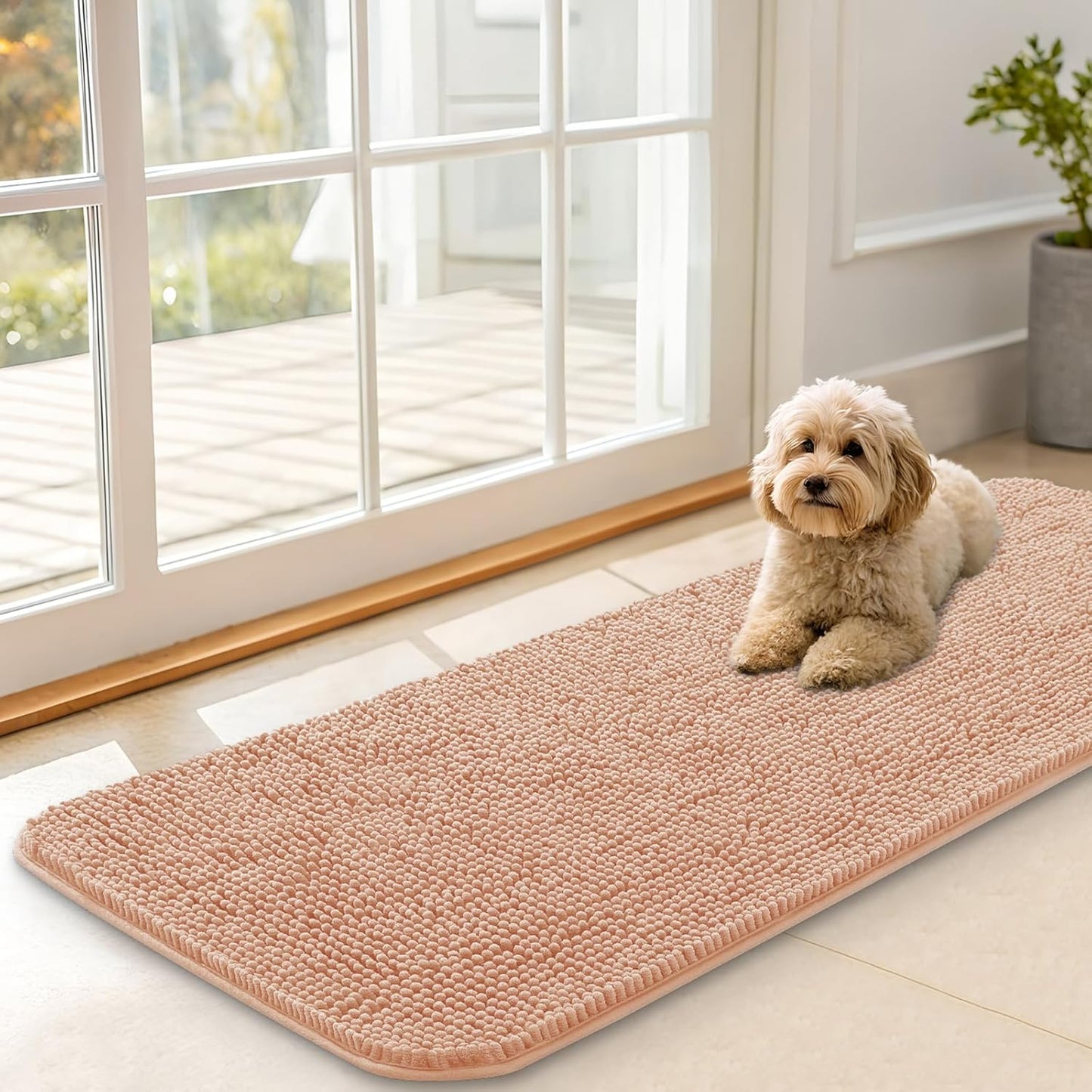 OLANLY Dog Door Mat for Muddy Paws 47x17, Absorbs Moisture and Dirt, Absorbent Non-Slip Washable Doormat, Quick Dry Chenille Mud Mat for Dogs, Entry Indoor Entryway Carpet for Inside Floor, Peach