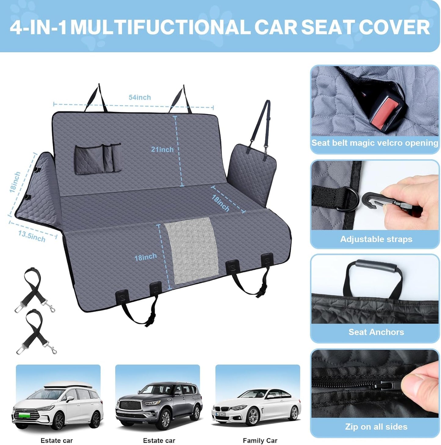 Dog Car Seat Cover for Back Seat, Waterproof Protector with Side Flaps, Scratchproof Hammock, Non-Slip Bottom for Cars/Trucks/SUVs (Grey02)