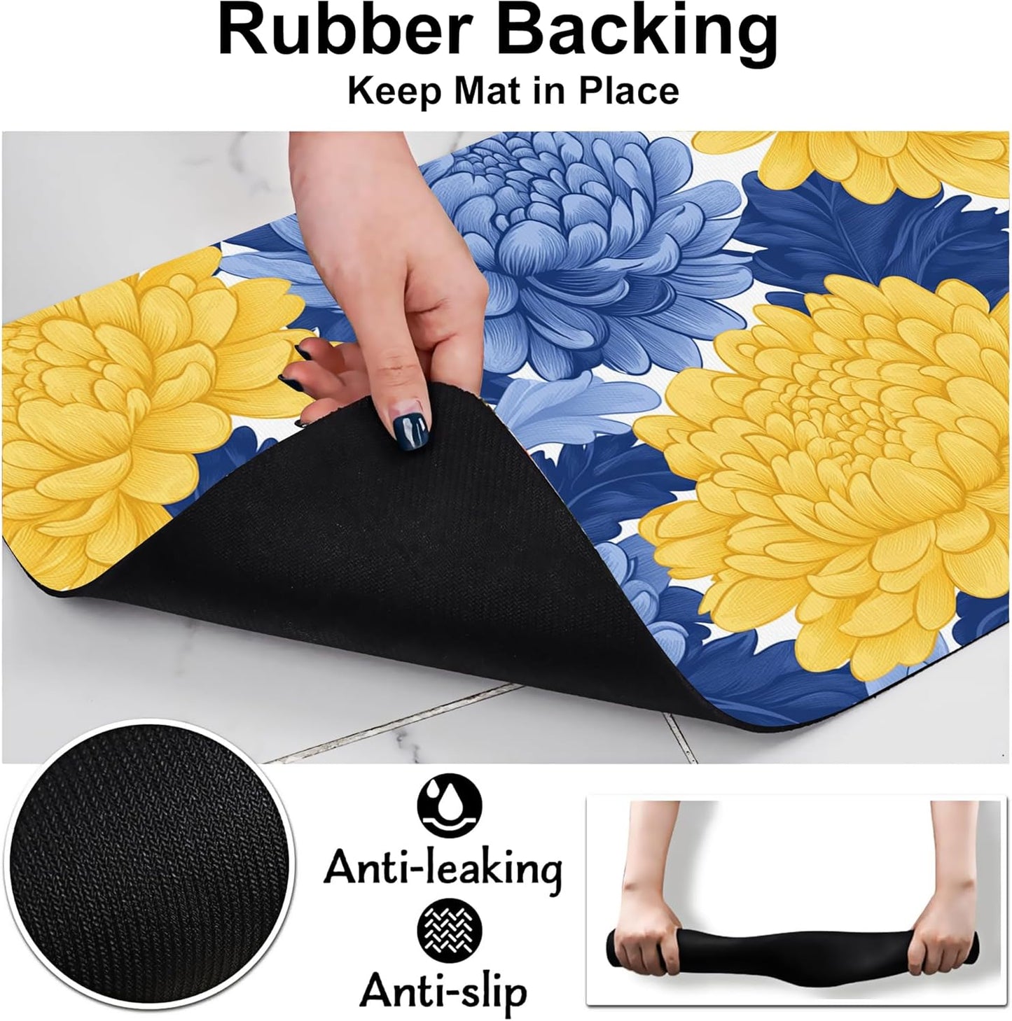 Blue Yellow Flowers Pet Cat Dog Food Mat-Absorbent Quick Dry Feeding Placemat for Water and Food, No Stains Rubber Base Mat for Indoor Use, Pet Accessories 16"x24"