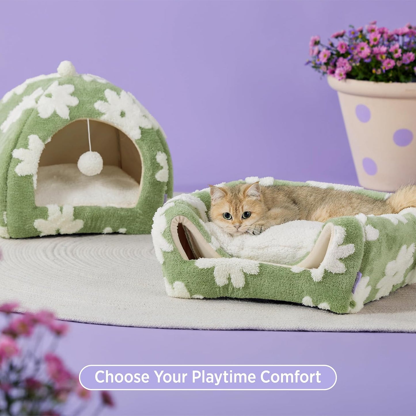 Lesure Cute Cat Beds for Indoor Cats - 2 in 1 Large Cat Cave Bed with Removable Washable Cushioned Pillow, Cozy Kitten Tent with Non-Slip Bottom, Green, 17.3 inches