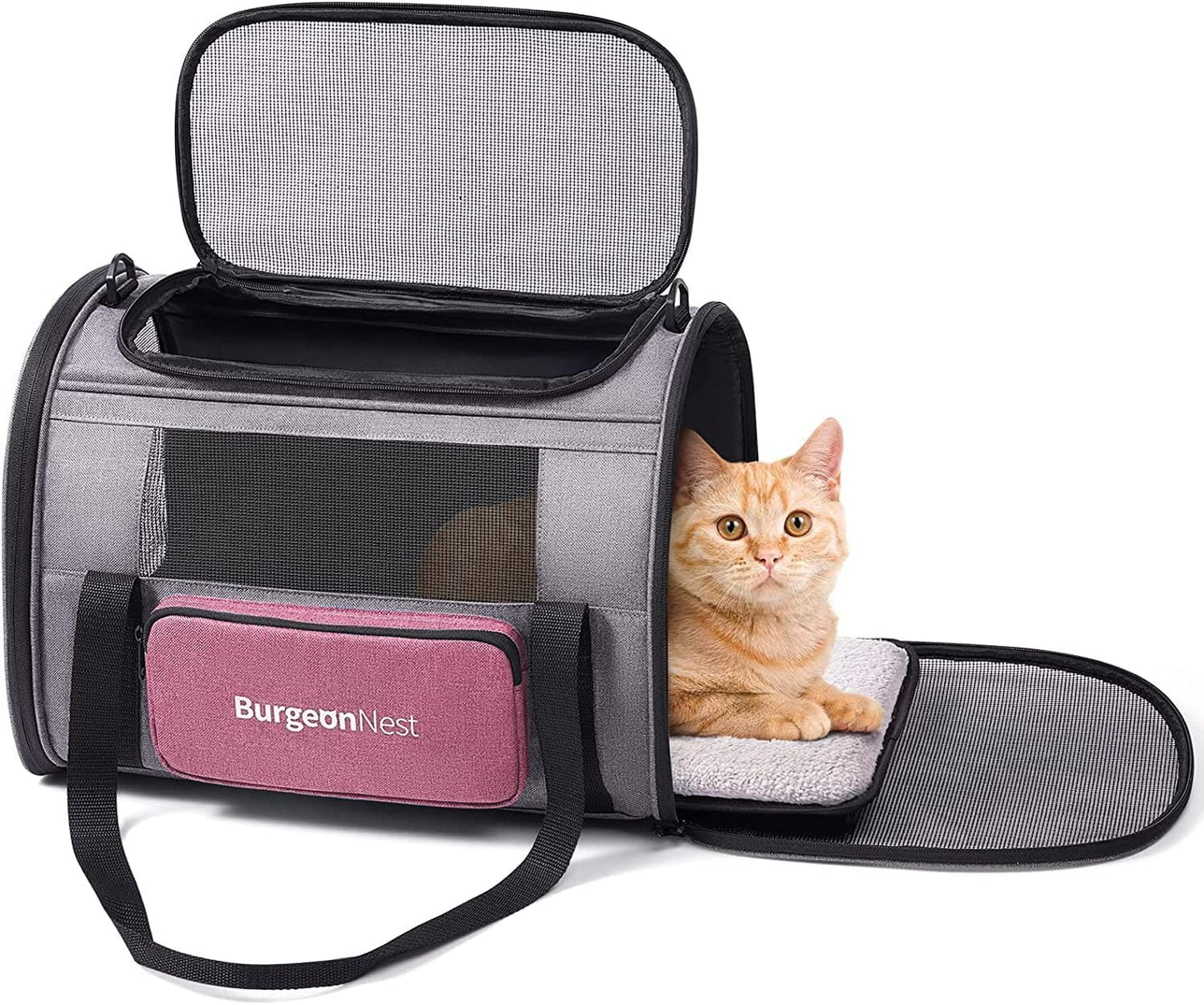 BurgeonNest Cat Carriers for Medium Puppy Under 25 lbs, Pet Carrier for Cats with Unique Side Bag,Top Load Small Pet Bag Soft-Sided Escape Proof with 4 Ventilated Windows