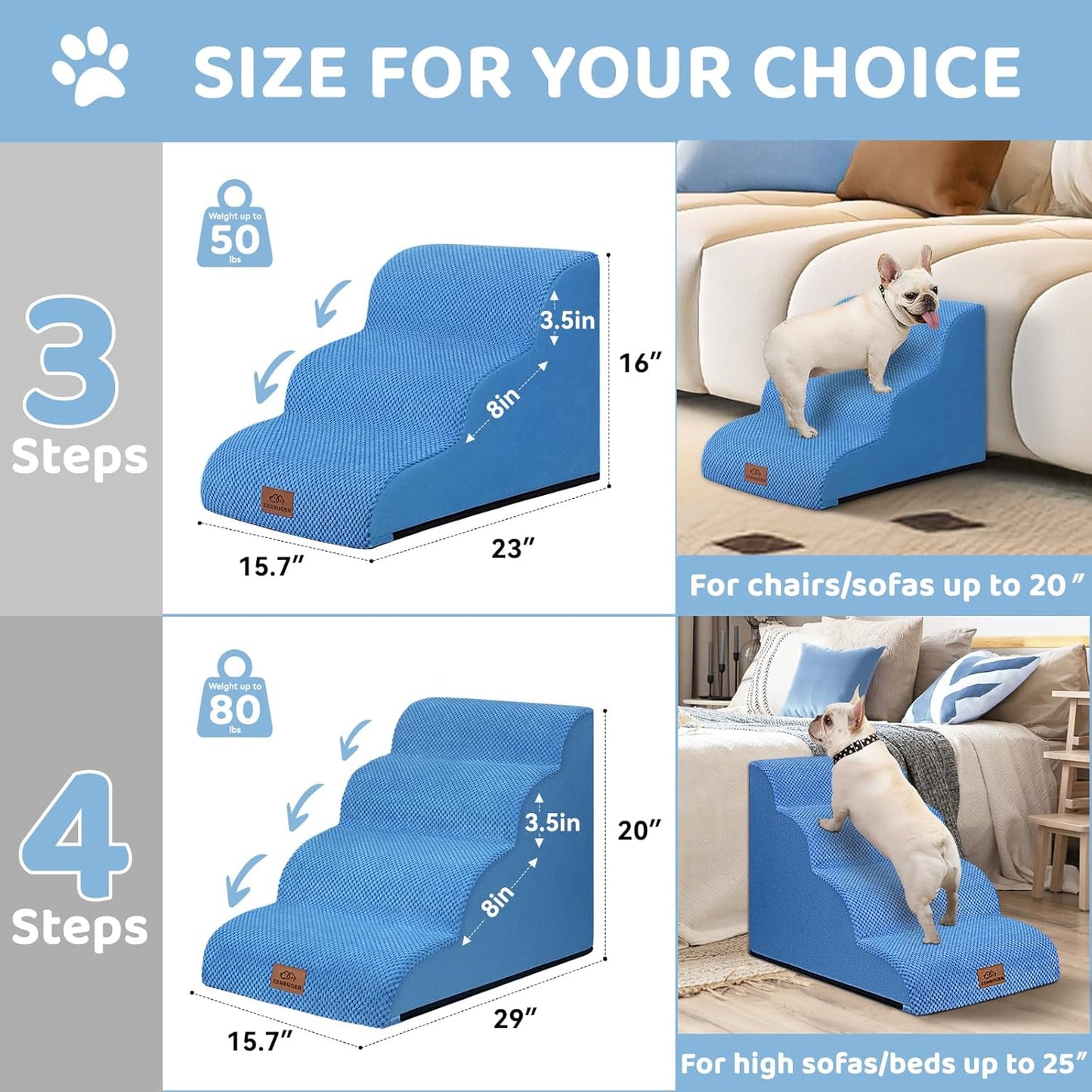Dog Ramp and Stair for Bed 16" H-20 H,3-Step Cat Stair for Sofa and Chair,4-Step Dog Ramp for High Bed and Window,Durable Nonslip Fabric Cover for Indoor (Blue-16“H, Pet Friendly, 3)